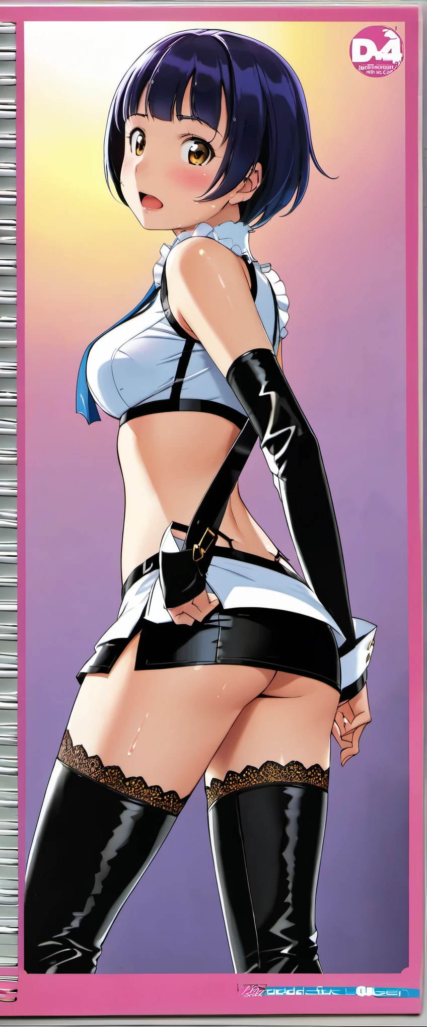 High resolution, adult woman , good lighting, despicable, , (No nudity), (((Shiny navel-baring lace queen uniform))), (()), (((leather thigh high boots))), (garter belt), abdomen only, (wet shorts), , cute face, I'm embarrassed and blush, humiliating, ((turn around and look back)), ((mini skirt))(race track)(T-back)