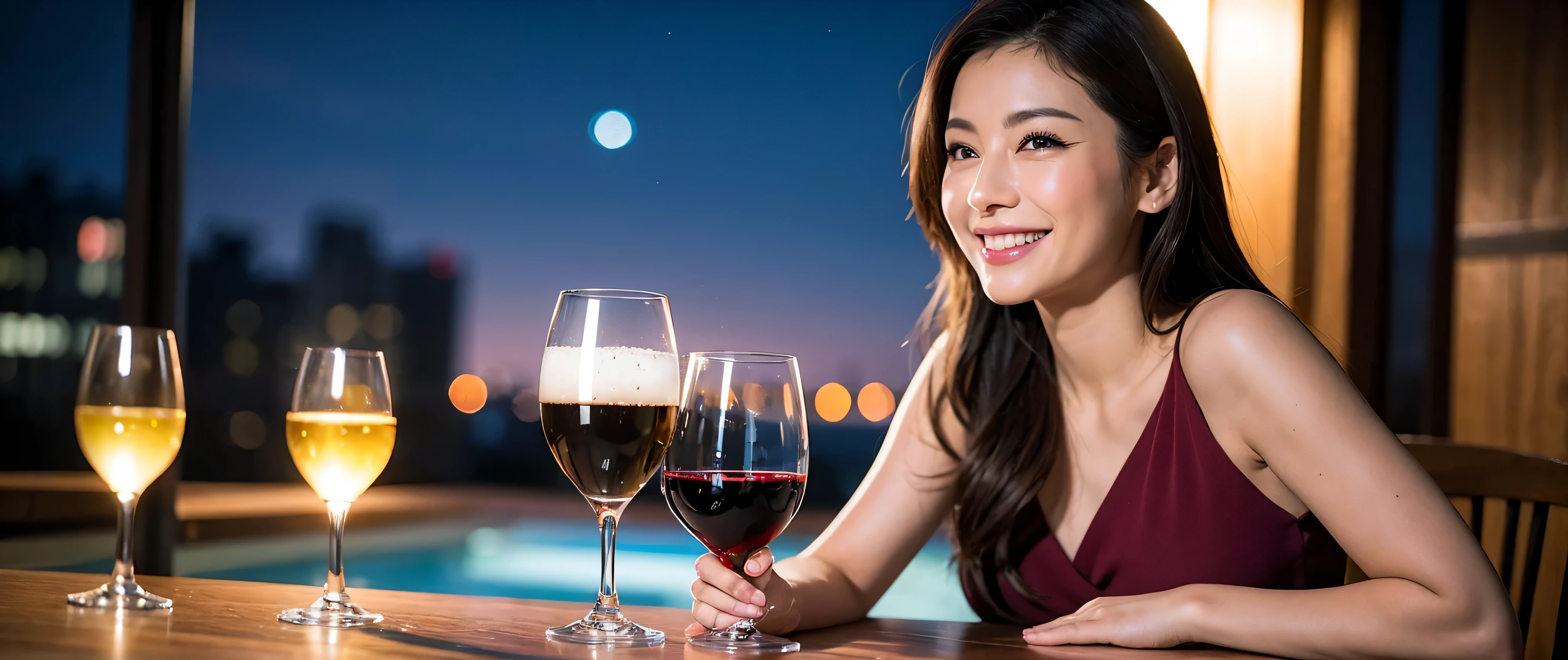 (including 64k, nffsw, highest quality, table top: 1.2), (realistic, realistic: 1.37), pretty woman 1, (slimフェイス), (slimボティ), (brown hair), (shortcut), Americana、French、cheeks turn a little red, (40 years old), 38 years, alone, 窓の外には美しく緻密なnight景が広がります......., restaurant, wine glassに座って, nightに, in a prominent place (from the waist up) nova frog style, actress, model, Upper body, White wine, slim, wine glass, とてもきれいなnight景, 真ん中に置かれたwine glass, smile, (smile: 1.15), Beautiful little eyes, Upper body, bust japan up, night, short, short, actress, model, Upper body, White wine, slim, wine glass, とてもきれいなnight景, 真ん中に置かれたwine glass, smile,