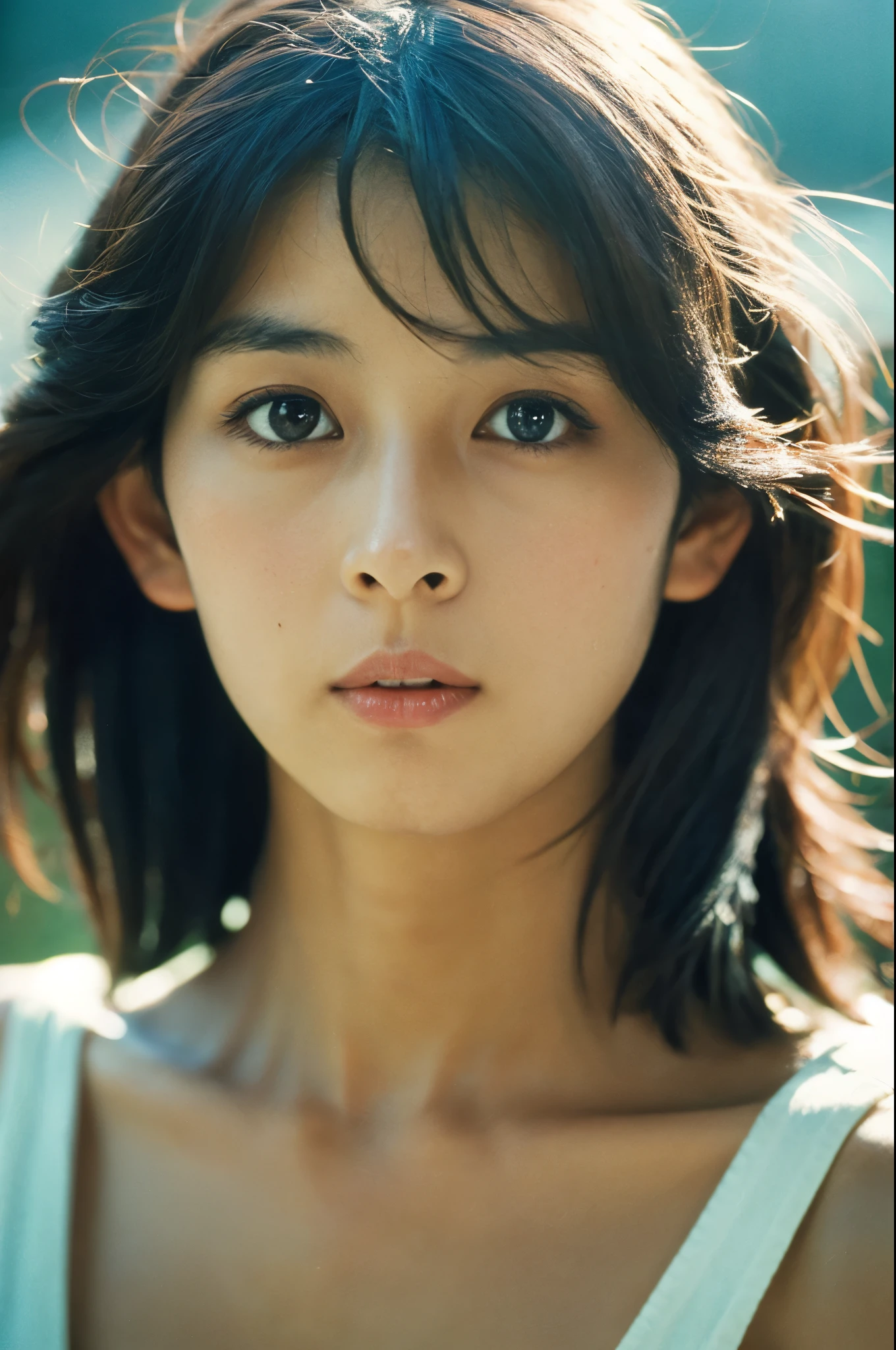 movie, film portrait photography, Skinny Japanese woman, 30 years old, bare shoulders, wavy shoulder-length hair, Calm, (realistic detailed eyes, natural skin texture, realistic facial details), soft and dramatic lighting, Depth of bounds written, Bokeh, vivid details, in detail, surreal, 35mm film, hazy blur