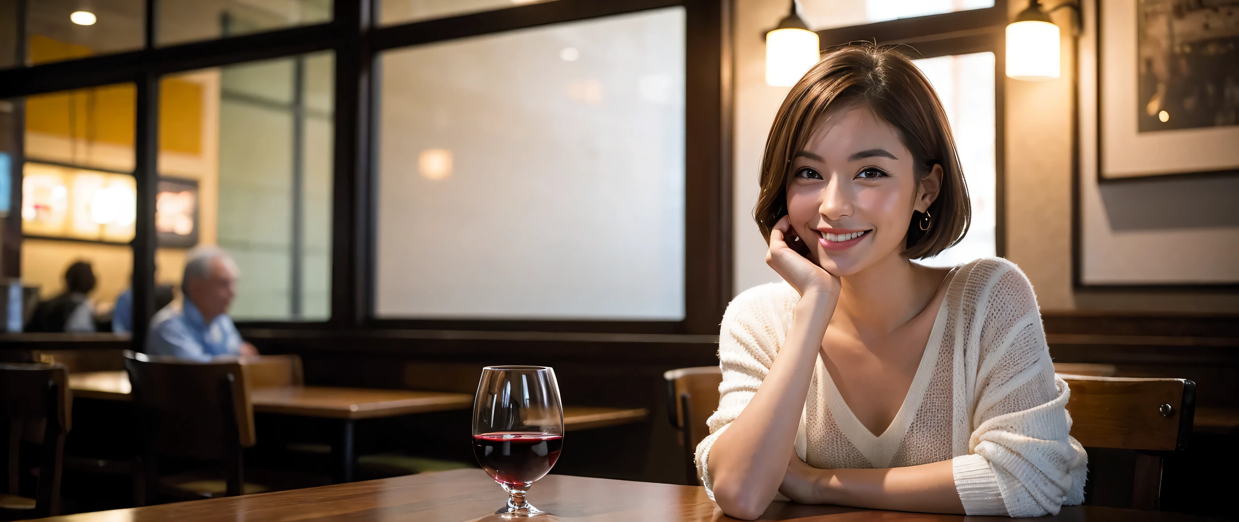 (including 64k, nffsw, highest quality, table top: 1.2), (realistic, realistic: 1.37), pretty woman 1, (slimフェイス), (slimボティ), (brown hair), (shortcut), Americana、French、cheeks turn a little red, (40 years old), 38 years, alone, 窓の外には美しく緻密なnight景が広がります......., restaurant, wine glassに座って, nightに, in a prominent place (from the waist up) nova frog style, actress, model, Upper body, White wine, slim, wine glass, とてもきれいなnight景, 真ん中に置かれたwine glass, smile, (smile: 1.15), Beautiful little eyes, Upper body, bust japan up, night, short, short, actress, model, Upper body, White wine, slim, wine glass, とてもきれいなnight景, 真ん中に置かれたwine glass, smile,