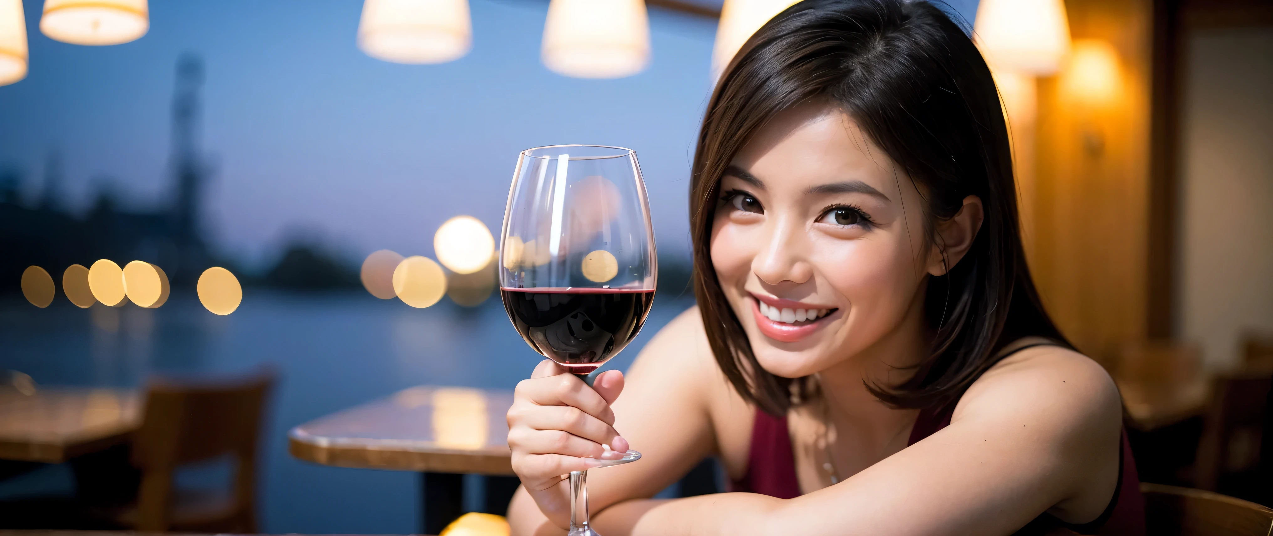 (including 64k, nffsw, highest quality, table top: 1.2), (realistic, realistic: 1.37), pretty woman 1, (slimフェイス), (slimボティ), (brown hair), (shortcut), Americana、French、cheeks turn a little red, (40 years old), 38 years, alone, 窓の外には美しく緻密なnight景が広がります......., restaurant, wine glassに座って, nightに, in a prominent place (from the waist up) nova frog style, actress, model, Upper body, White wine, slim, wine glass, とてもきれいなnight景, 真ん中に置かれたwine glass, smile, (smile: 1.15), Beautiful little eyes, Upper body, bust japan up, night, short, short, actress, model, Upper body, White wine, slim, wine glass, とてもきれいなnight景, 真ん中に置かれたwine glass, smile,