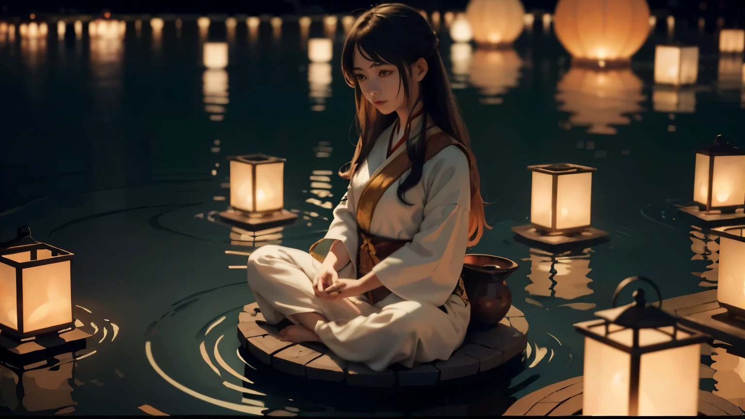 There is a woman sitting on a floating platform underwater., artwork in the style of Gweiz, palace , girl in hanfu, Gweiz, trending on cgstation, beautiful digital artwork, lost run 8k, Atei Gailan 8K, Artjam and Ati Gailan, Gweiz on artstation pixiv