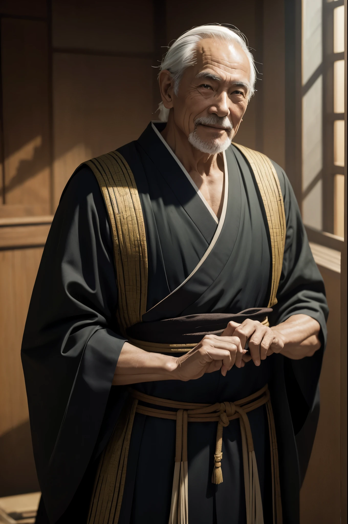 8K,Wearing a green and black Japanese kimono、白いひげを生やしたmuscular slim bodyの老人男性, potter,style sacristy water, An old man with long gray hair tied back,close-up character portrait, low length,muscular slim body,Stanley Artgerm Rau, wearing old samurai clothes, masterpiece,Photorealistic RAW photos of the highest quality。bright colors,rich colors, Backlight, cinematic lighting, film grain, to be born, 50mm lens, Nikon D850,detailed character art,fantasy art,ultra high resolution,super realistic skin,perfect hand shape,stand on rough ground,innocent smile,Old Man(80 years old),comical pose,muscular slim body,