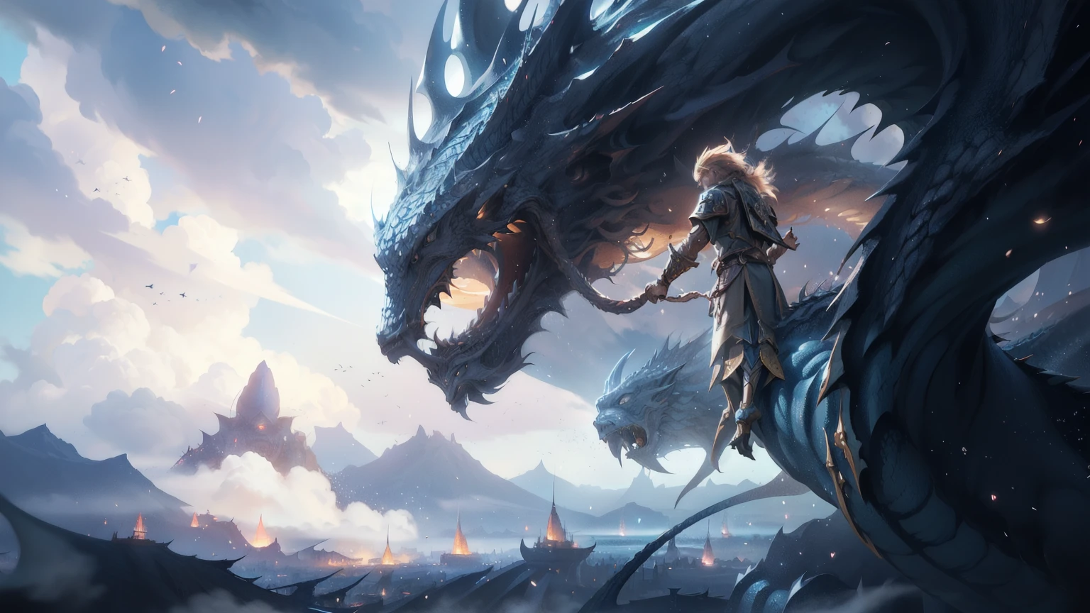 There is a man standing next to a giant dragon in the sky, 2. 5 d cgi Anime fantasy artwork, Epic Fantasy Digital Art style, Epic Fantasy Art Style HD, anime epic artwork, Longwei, Anime fantasy artwork, 4K fantasy art, Epic RPG Artwork, Detailed digital 2D fantasy art, Epic Fantasy Digital Art, epic fantasy game art