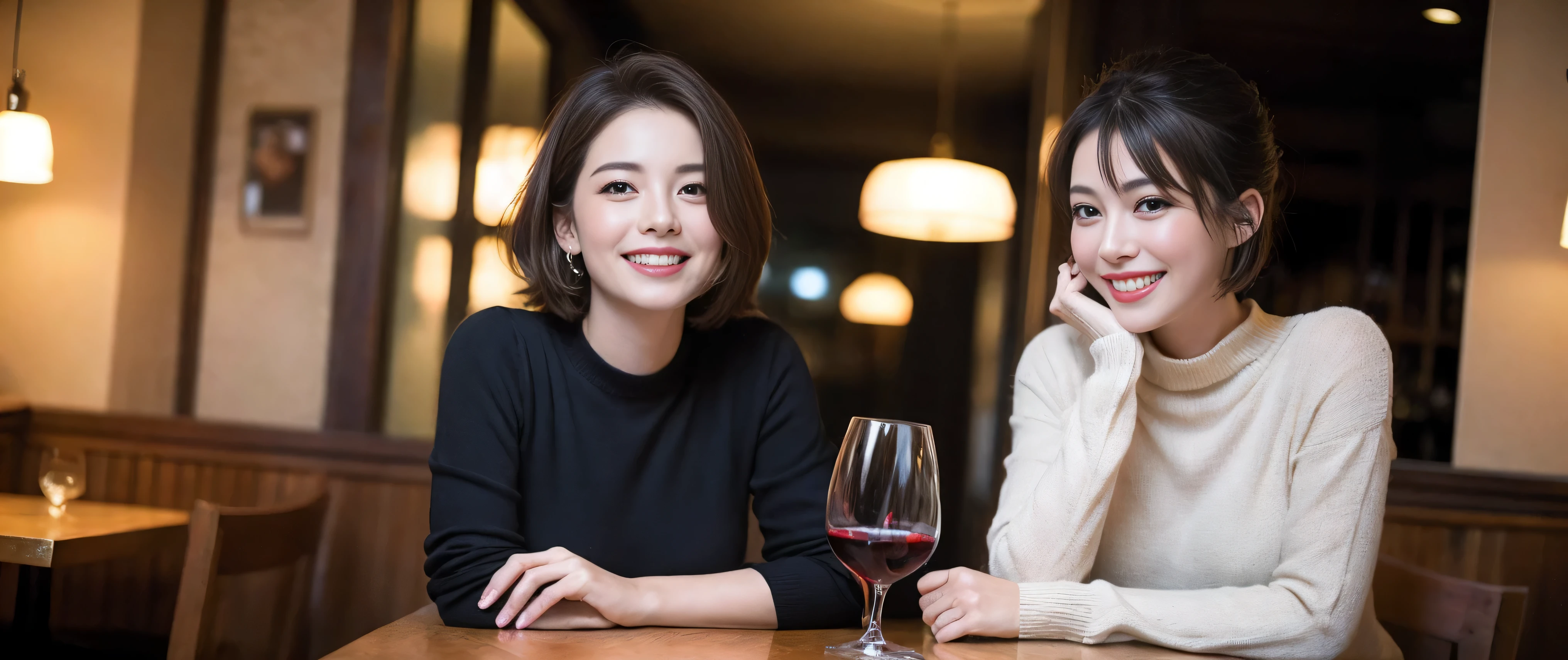 (including 64k、nffsw、highest quality、masterpiece:1.2)、(realistic、Photoreal:1.37)、Spectacular view of the sunset sky and clouds、Amazing mountain views、smile、Happy、party、lucky、wine glass、while enjoying wine、mature woman、two beautiful women、(slim face)、(because I'thin)、(brown hair)、(shortcut)、Latino、smileのフランス人女性、happy italian girl、british woman、Americana、cheeks slightly red、(38 years)、42 years old、red wine、窓の外には美しく緻密なnight景が広がります.......、restaurant、目立つ場所にあるwine glass、night、(from the waist up)、sit on top、date、(laughter:1.15)、fine and beautiful eyes、cashmere sweater、long sleeve dress、Japanese、(short hair:1.2)、Float NovaFrogStyle、、modeled、from the waist up、White wine、turned into slime、wine glass、超綺麗なnight景、wine glassを真ん中に置きます、Happy smile、(8k、RAW photo、highest quality、masterpiece:1.2)、(realistic、Photoreal:1.37)、Super detailed、超A high resolution、2 females、see the beholder、beautiful and detailed face、laughter、narrow、(slim waist) :1.3)、knit shirt、Fine and beautiful skin、skin texture、floating hair、professional light needle breast、kind eyes