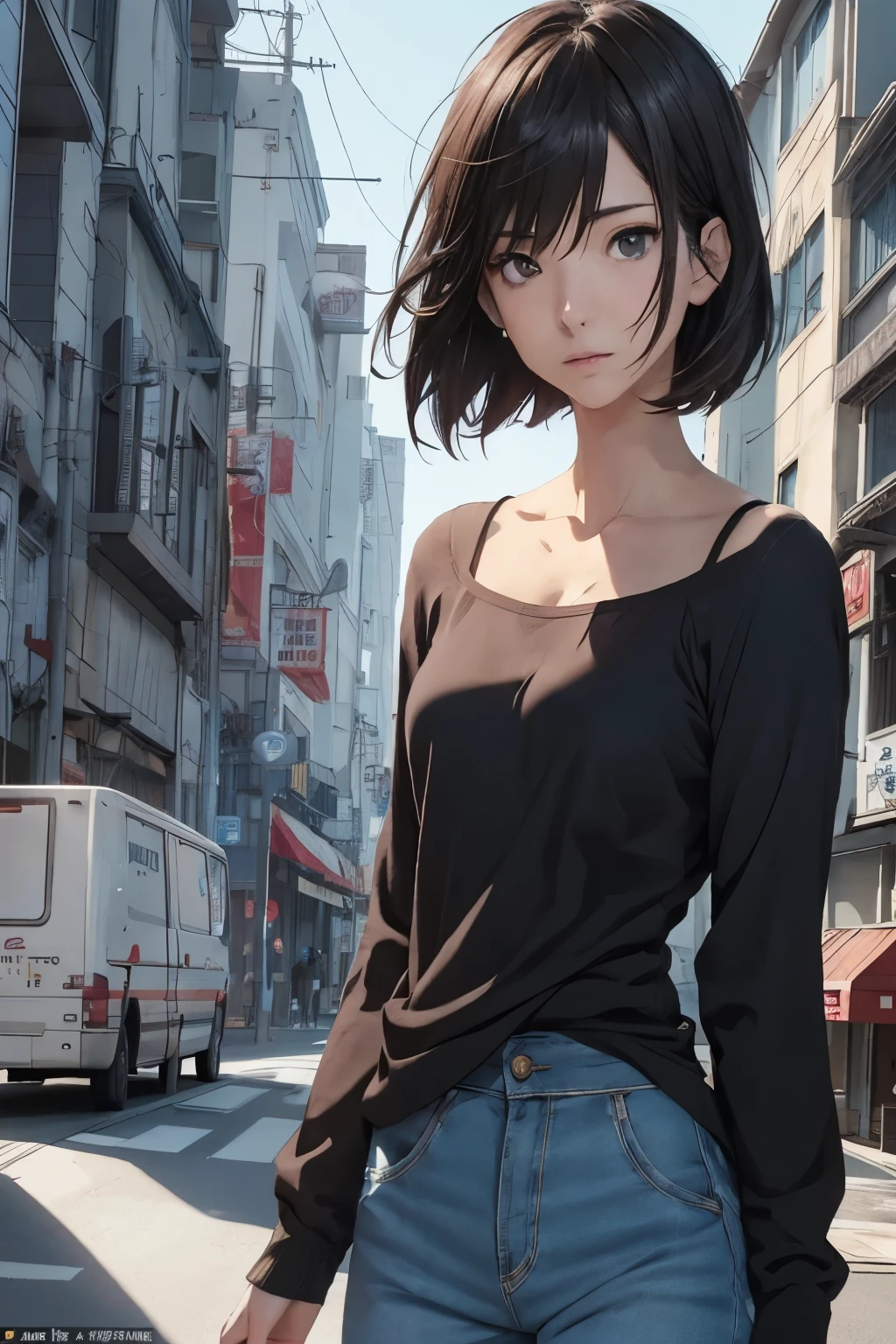 High-resolution 8K, NSFW, animation style, movie portrait, (((1 woman))), dynamic angle, dynamic pose, slim face, beautiful women, (((black eye, short bob hair, black hair))), adult women, wear jeans, Animated characters in a scene with the sky in the background, your name movie style, still from tv anime, Your name, Fiona Staples and Makoto Shinkai, makoto shinkai and bioware, guweiz and makoto shinkai, animated still images, Animation movie still cuts, anime movie screenshot, (Natural skin texture and vibrant details, surreal)