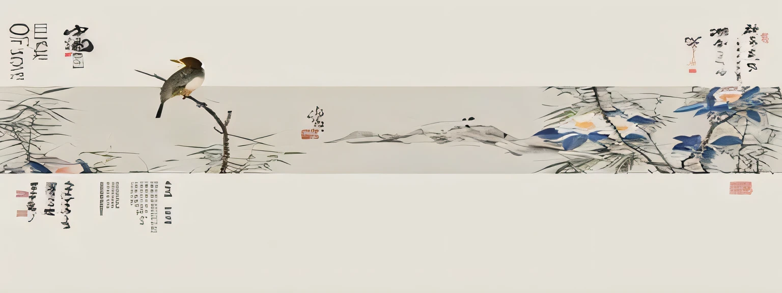There is a bird sitting on the branch, author:Qiandu, Wang Fu, by Ma Yuanyu, Xu Xi, by Zhou Fang, by Qian Xuan, author: Tanimae, author:Lu Ji, Wang Lv, by Wu Zhen, Wang Hui, author:Zhi'an, by Cui Bai