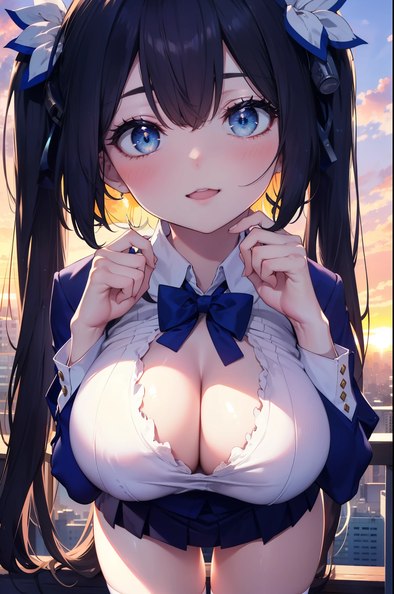 danmachihestia, hestia, blue eyes, black hair, twin tails, open your mouth, smile,blush,happy atmosphere,big breasts,emphasizes the chest,y shirt,Blue Blazer,blue pleated skirt,white knee socks,brown loafers,evening,sunset,sunset,The sun is setting through the gap between the buildings,下校中
break outdoors, city,
break looking at viewer,
break (masterpiece:1.2), highest quality, High resolution, unity 8k wallpaper, (figure:0.8), (detailed and beautiful eyes:1.6), highly detailed face, perfect lighting, Very detailed CG, (perfect hands, perfect anatomy),