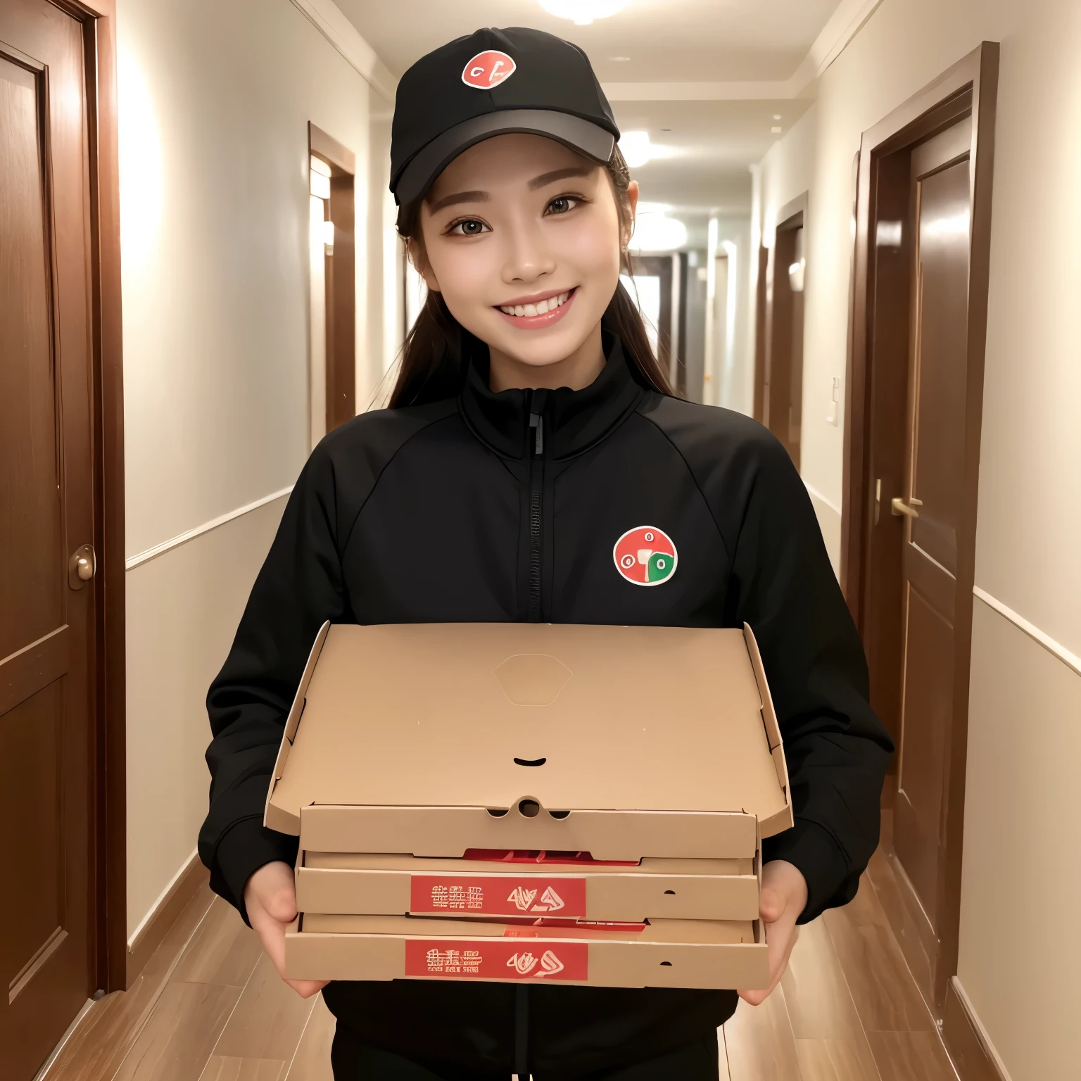 (highest quality、table top、8k、best image quality、Award-winning work)、one beautiful woman、Home delivery of pizza員、black nylon tracksuit、black tracksuit with red lines、black pants、red cap、The most natural and perfect apartment hallway、(I have two delivery pizza boxes.:1.1)、Home delivery of pizza、Perfect beautiful apartment hallway、accurate anatomy、the biggest smile looking at me、elegant makeup、Ultra-high-definition eyes、Ultra high definition beautiful skin、very bright、bright and vivid、
