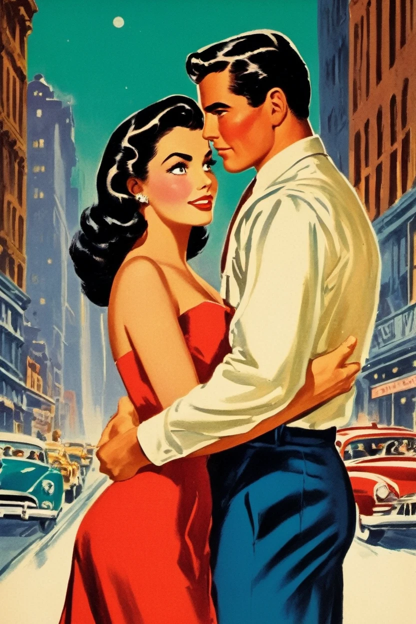 Colorful cover for an American 1950s romance paperback called The Hero((Font: Filmotype Quarry)), )Man Passionately holding a dark-haired woman in a busy New York Street) (Rudolph Belarski) (Victor Kalin)