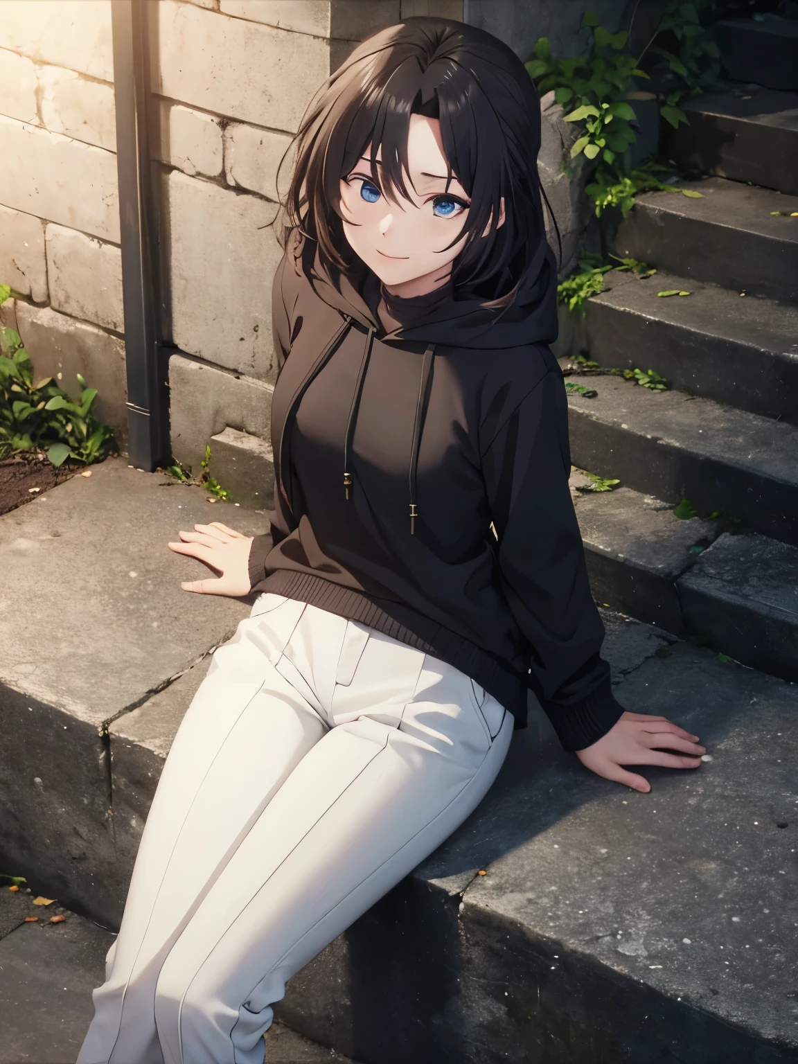 1 girl,black hoodie, slight smile,Dominique de sade,black trouser,Sitting,hald body photo,ultra detail