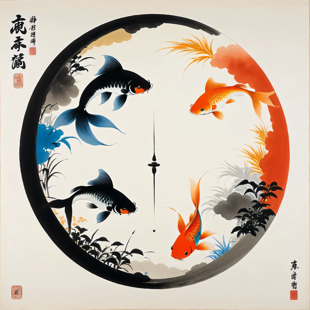 Wu Guanzhong paints a picture, The painting depicts two goldfish in a round artificial pond against the backdrop of a subtle yin-yang symbol.., full compliance with the style of Wu Guanzhong, combining traditional Chinese ink painting techniques with Western painting concepts, unique visual effects using color and lines.