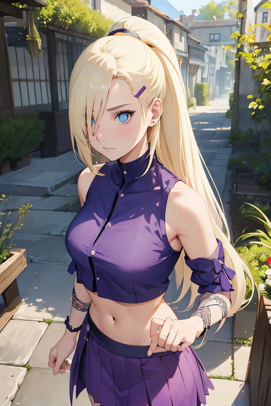 (masterpiece), best quality, expressive eyes, perfect face, 1 girl, solo, yamanaka ino, blonde hair, blue eyes, purple crop top, separate sleeves, purple skirt, mesh sleeves, meshes, outdoors, natural lighting, full body, portrait, looking at viewer, from above