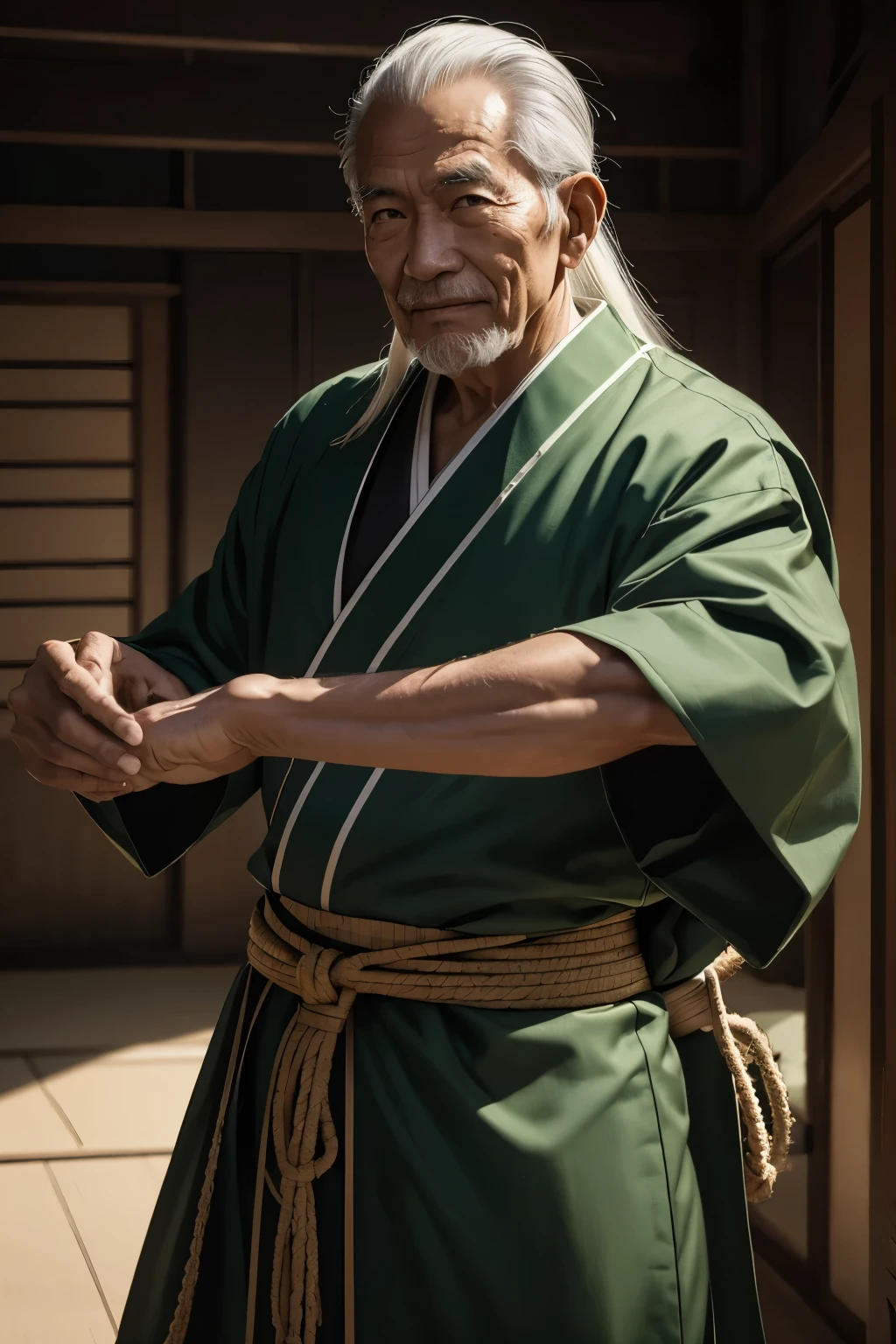 8K,Wearing a green and black Japanese kimono、白いひげを生やしたmuscular slim bodyの老人男性, old martial arts master,style sacristy water, An old man with long gray hair tied back,close-up character portrait, low length,muscular slim body,Stanley Artgerm Rau, wearing old samurai clothes, masterpiece,Photorealistic RAW photos of the highest quality。bright colors,rich colors, Backlight, cinematic lighting, film grain, to be born, 50mm lens, Nikon D850,detailed character art,fantasy art,ultra high resolution,super realistic skin,perfect hand shape,stand on rough ground,innocent smile,Old Man(80 years old),comical pose,muscular slim body,