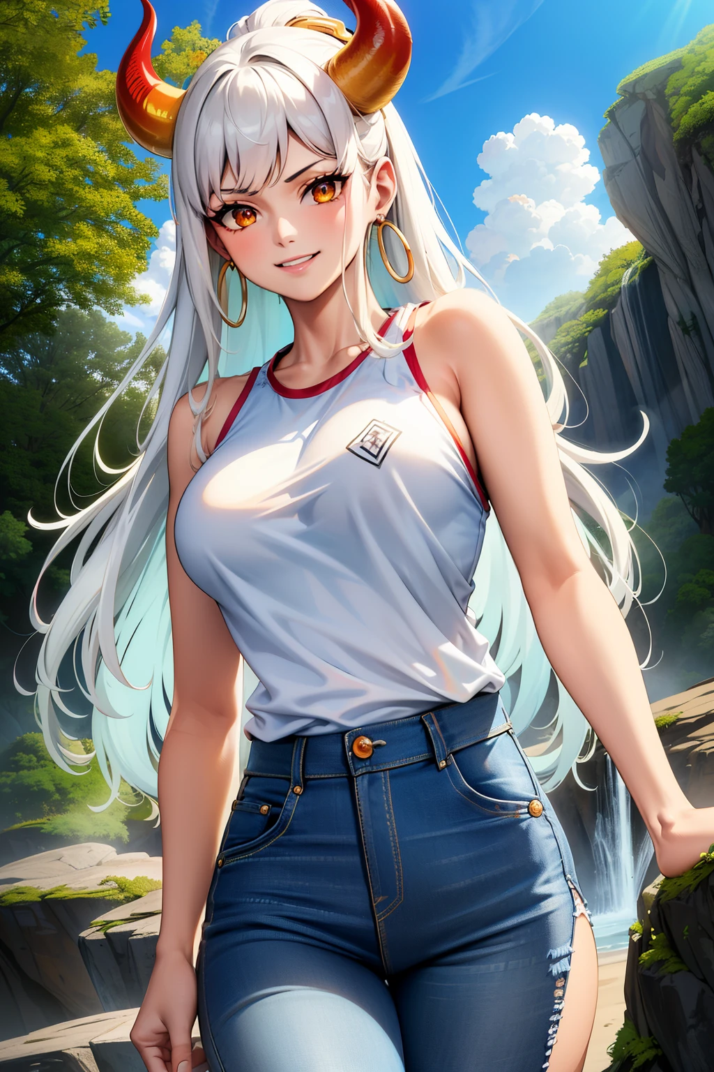 masterpiece, ((ultra detailed background, delicate pattern, intricate detail)), (highly detailed, fine details), best quality,beautiful lighting, (((medium breasts, slim girl, very slim girl))), (close-up, portrait),  YamatoV2, long hair, 1girl, horns, white hair, solo, oni, red horns, curled horns, hair ornament, (multicolored horns), jewelry, earrings, jeans, t-shirt, round neck, outdoors, cowboy shot, hair stick, aqua hair, sidelocks, hoop earrings, hakama, smile, wide smile, ((orange eyes)), complex detailed background, outside, nature environment, rocks, sunny, blue sky, sky,