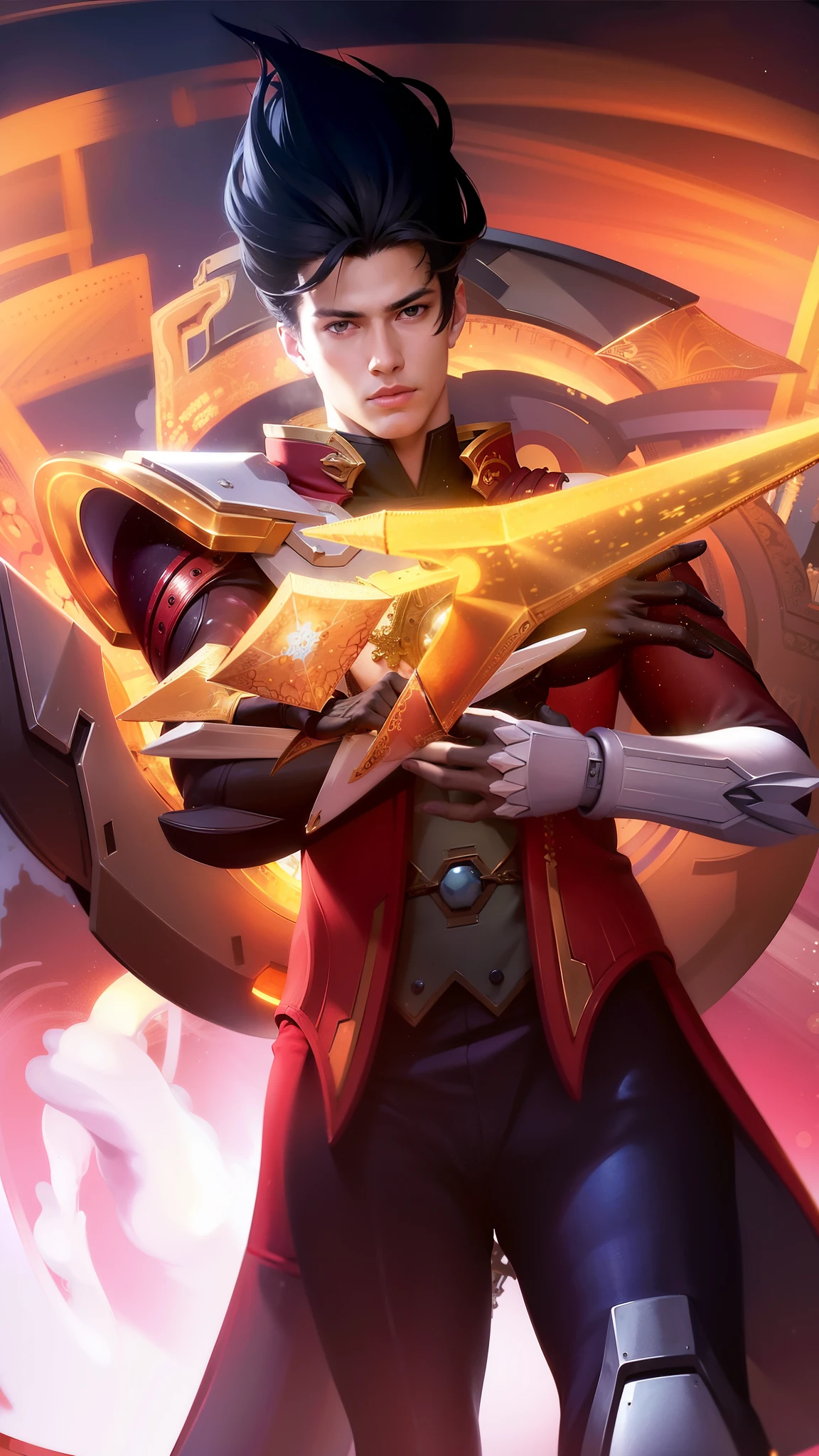 (Intricate Details, Masterpiece, Best Quality, High Resolution, 8k), (1boy), finely detailed eyes and face, toned body, masculine appeal, commanding presence, hot stud, bulging biceps and triceps, well-developed quadriceps and hamstrings, light skin, burgundy straight layered bangs hair, aquamarine eyes,  ornate details,  portrait, solo, half shot, looking down, detailed background, detailed face, (cogpunkai, cogpunk theme:1.1),  tech-mage,   [magic|technology], melding of spellcraft and advanced technology,  intricate [spellcasting clotheechanical gear], gear shaped glyphs,  ancient crystals,  [gears|ancient spell],  floating particles,  [innovative|enchanting] aura, high tech vehicle in background, finely detailed background, Depth of Field, VFX, young man and handsome.