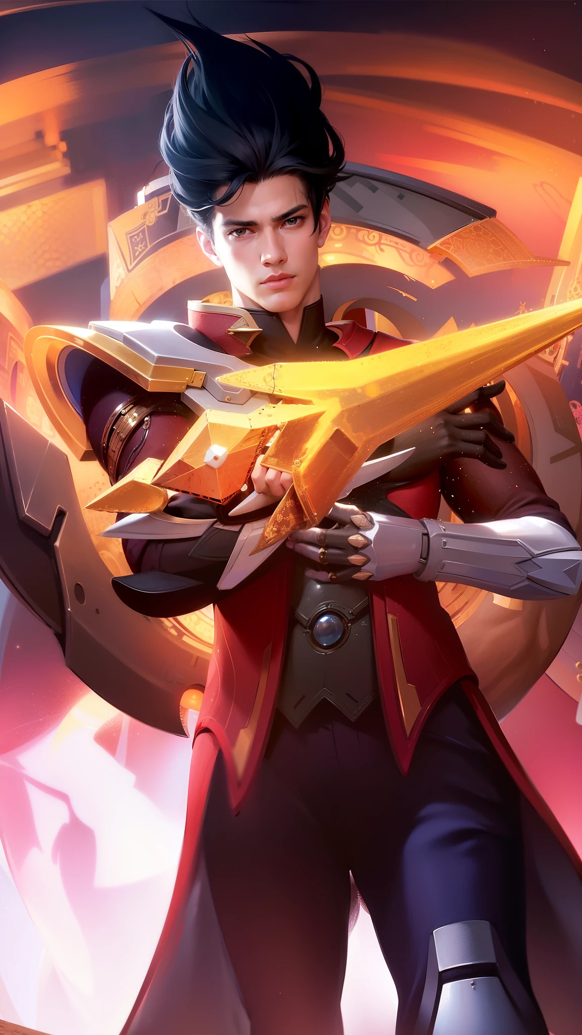 (Intricate Details, Masterpiece, Best Quality, High Resolution, 8k), (1boy), finely detailed eyes and face, toned body, masculine appeal, commanding presence, hot stud, bulging biceps and triceps, well-developed quadriceps and hamstrings, light skin, burgundy straight layered bangs hair, aquamarine eyes,  ornate details,  portrait, solo, half shot, looking down, detailed background, detailed face, (cogpunkai, cogpunk theme:1.1),  tech-mage,   [magic|technology], melding of spellcraft and advanced technology,  intricate [spellcasting clotheechanical gear], gear shaped glyphs,  ancient crystals,  [gears|ancient spell],  floating particles,  [innovative|enchanting] aura, high tech vehicle in background, finely detailed background, Depth of Field, VFX, young man and handsome.