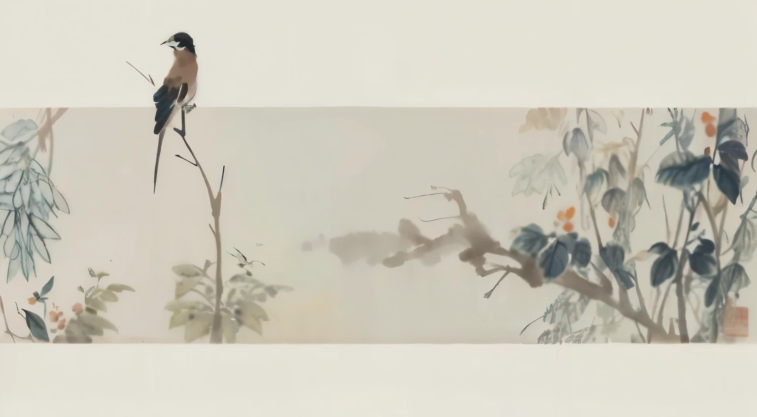 There is a bird sitting on a branch in the painting, inspired by somi, Inspired by Song Huizong, Chinese painting style,Inspired by Ji Yunfei, Chinese ink painting