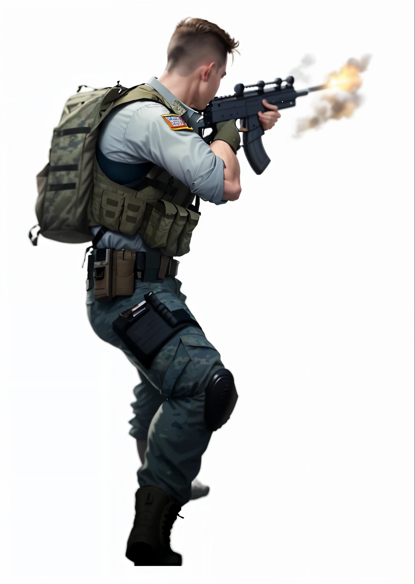A man in military uniform shoots with a gun, brandishing assault rifle, dramatic gun pose, hold pdw, fighting stance, fighting action poses, man is carrying a rifle, epic action pose, on a clear background, dynamic action poses, , correct posture, in action pose, carrying a rifle, attack posture, fighter pose, bad posture