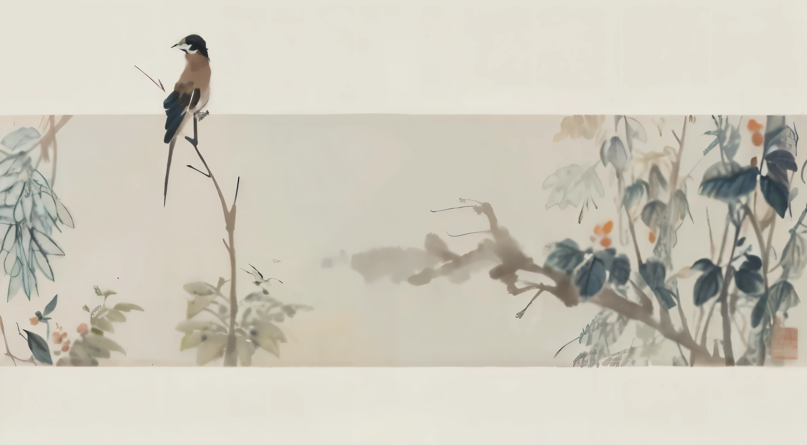 There is a bird sitting on a branch in the painting, inspired by somi, Inspired by Song Huizong, Chinese painting style,Inspired by Ji Yunfei, Chinese ink painting