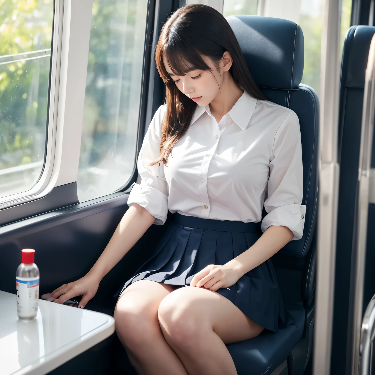 (table top、highest quality、8k、Award-winning work、ultra high resolution)、High girl in uniform alone、(The most natural and perfect polyester white collared shirt:1.1)、(Perfectly organized, regular rows of seats:1.3)、(navy pleated skirt:1.1)、emphasize body line、big breasts、slender big breasts、(The most natural and perfect JR line seatの柄と配色:1.1)、(The most natural and perfect JR line seat:1.1)、(Perfectly organized and accurate JR line sheet:1.1)、(The most natural and perfectly organized JR line interior:1.1)、(sleeping on a train seat:1.1)、(Sitting and sleeping:1.1)、電車でSitting and sleeping、(eyes completely closed:1.1)、perfect makeup、upper body photo、(very bright:1.3)、(Ultra high definition glossy skin:1.2)、(Beautiful skin that shines very brightly:1.2)、(accurate anatomy:1.2)