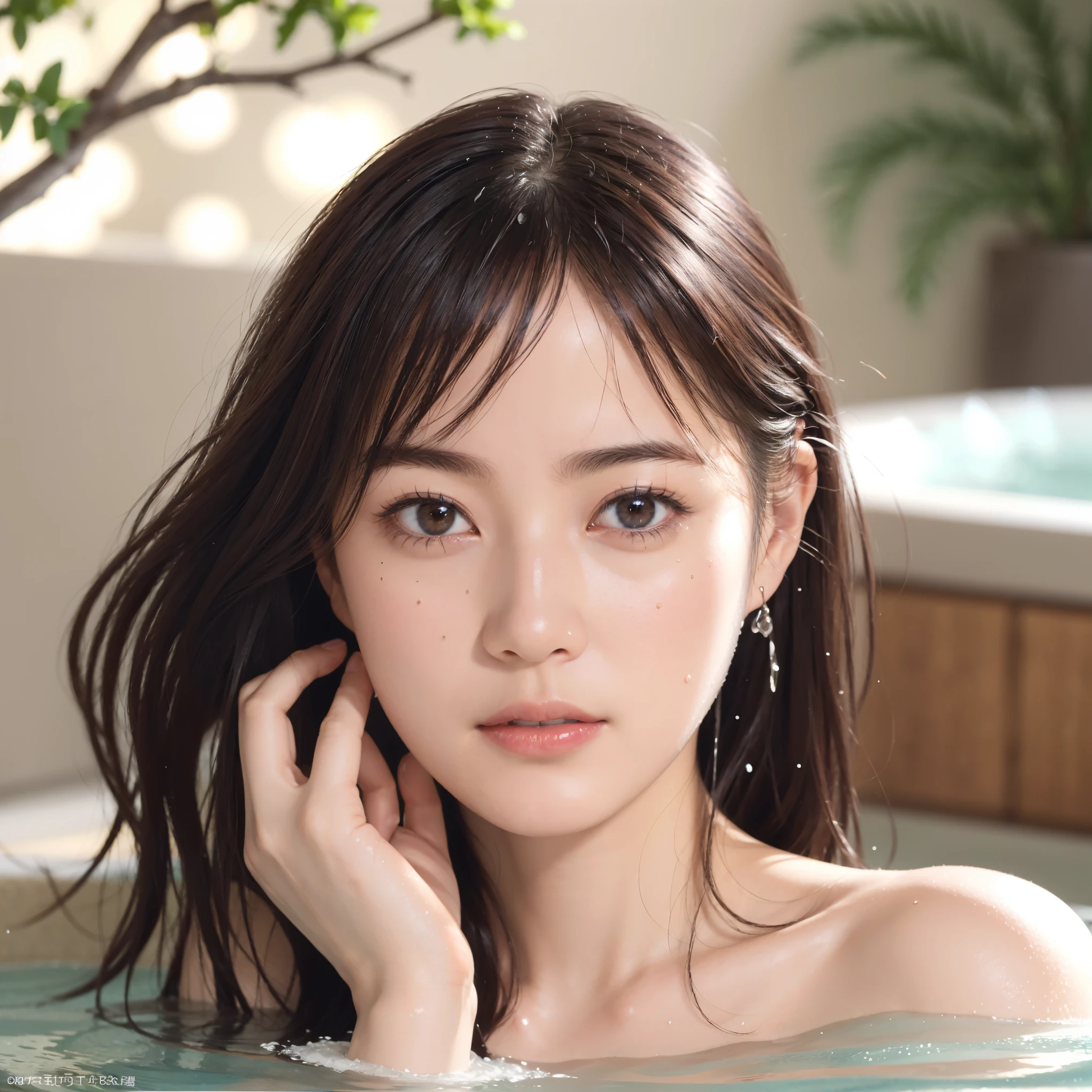 RAW photo, (8k、highest quality、masterpiece:1.2)、(intricate details:1.4)、(Photoreal:1.4)、octane rendering、Ultra-detailed complex 3D renderings, soft light in the studio, rim light, vivid details, super detail, リアルなskinのテクスチャ, details face, 美しいディテールのeye, Highly detailed CG Unity 16k wallpaper, compensate, (detailed background:1.2), sweating, Water droplets on the forehead of the face, outdoors, background forest, overhead camera, sharp focus: 1.2,、(((take a bath in a hot spring))), solo、(1 female:1.2)、solo, pov, Japanese, good、highly detailed face、skin、hair texture, 結びeyeのある黒髪, wet textured hair, wet body, detailed eye, double eyelid, 白いskin, beautiful feet, beautiful and delicate nose, Pretty Japan Woman, 30 years old, with a dynamic angle, (naked)、Creates a melancholy feeling characterized by gentle tones and contrasts of light and shadow, while emphasizing the subject&#39;s hair., eye, words and actions, それはeyeに心地よく、It&#39;s a thought-provoking composition..