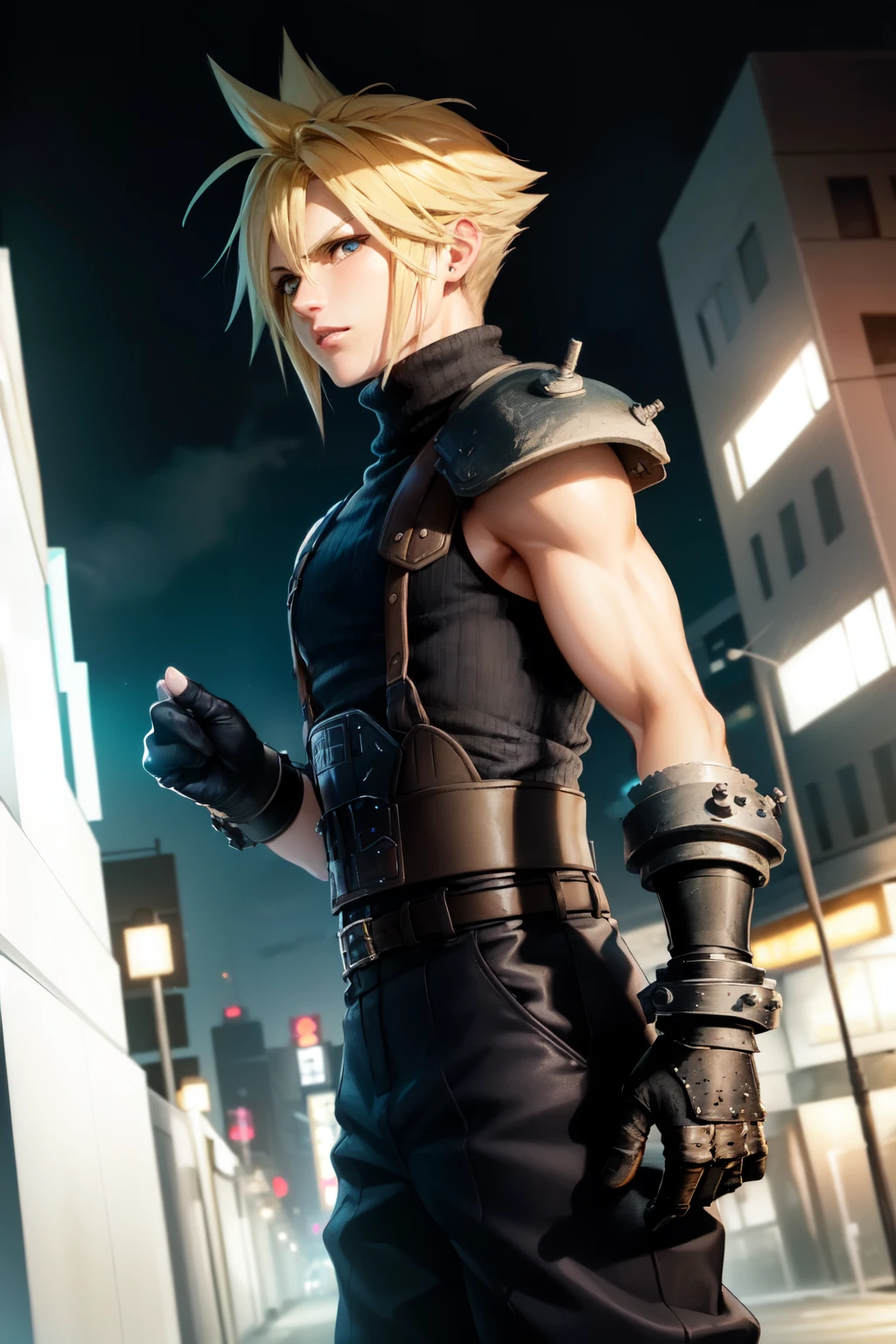 masterpiece, best quality, cloud strife, shoulder armor, sleeveless turtleneck, suspenders, belt, gloves, bracer, baggy pants, cowboy shot, looking at viewer, dystopian city, nighttime, chiaroscuro shading, walking, from side