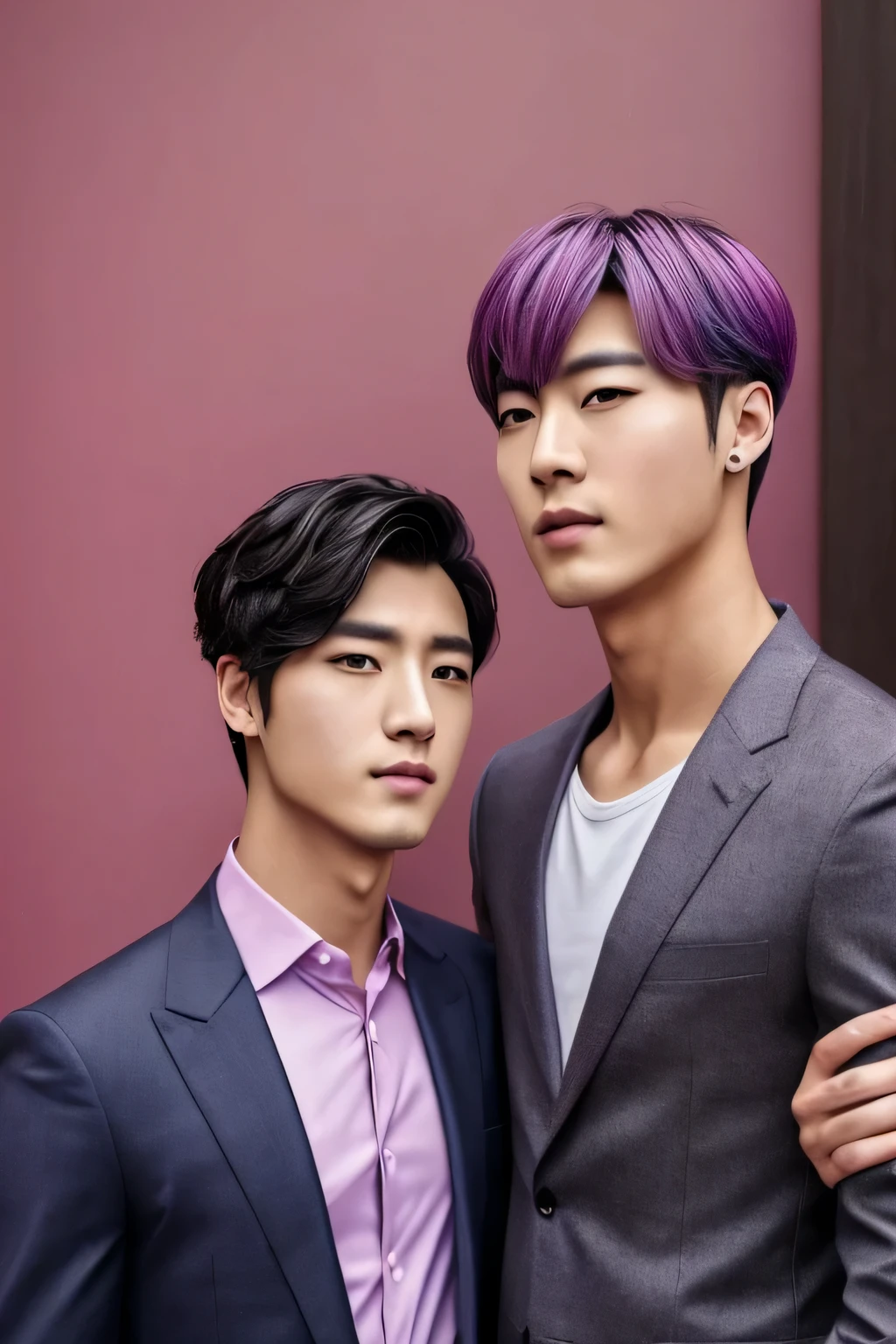 Two gay men with Asian faces inspired by famous Asians from BTS. The first is a 30-year-old man dressed as a prince.'traje., ojos rojos y cabellos negro, de tes clara, rostro marcado griego, dominante, posesivo, el es mas alto que su pareja, y tiene tematica de demonio. El segundo hombre es un joven de ojos violetas y cabello rosado.., asian guy, androgynous beauty, sumiso y tranquilo, con con ropas casuales y elegantes en colores pastel. Fondo de casa lujosa. Fully realistic design