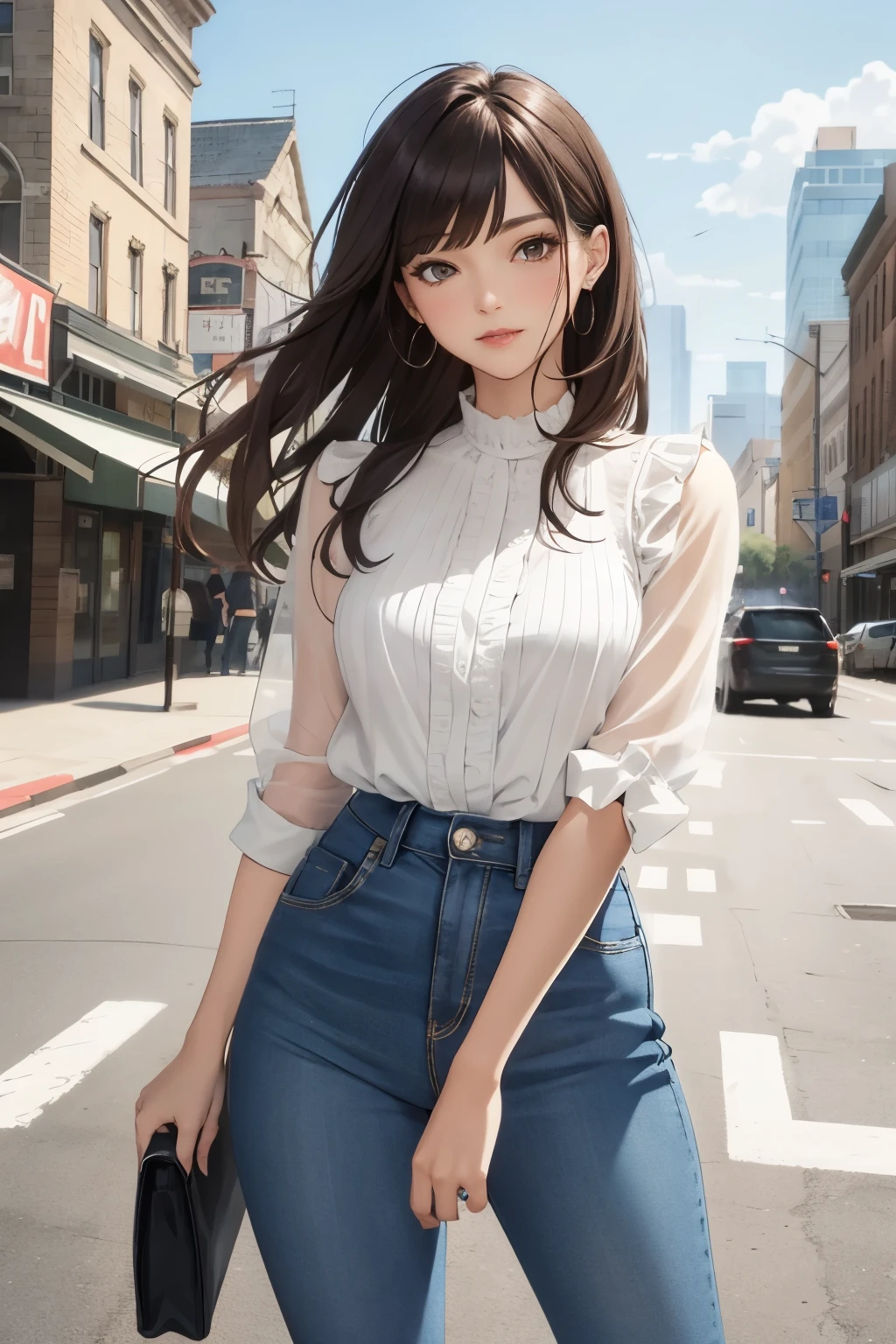 ((Top Quality, 8k, Masterpiece: 1.3)), Beauty, 1 Girl, Big: 1.3, Slender Abs: 1.1, Dark Brown Hair, Walking Around the City, Open Legs: 1.2), Ultra Detailed Face, Highly Detailed Lips, Detailed Eyes, Double Eyelids, White See-Through Shirt Black tight mini skirt