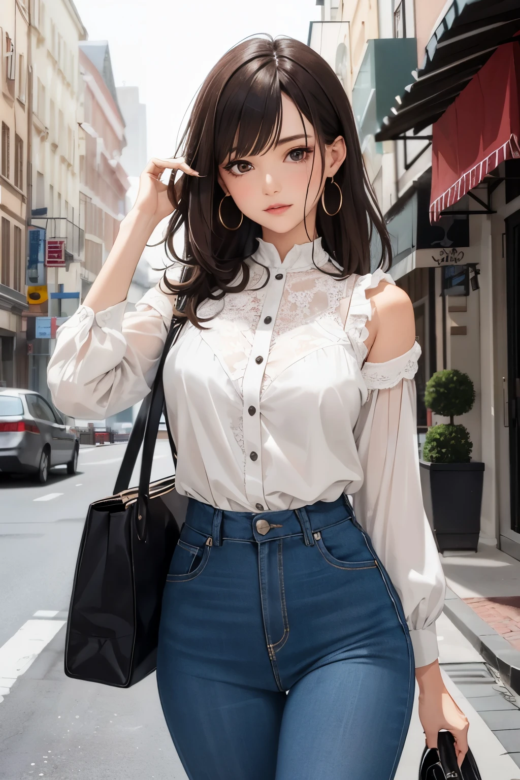 A woman in a white shirt and blue jeans walking down a street - SeaArt AI