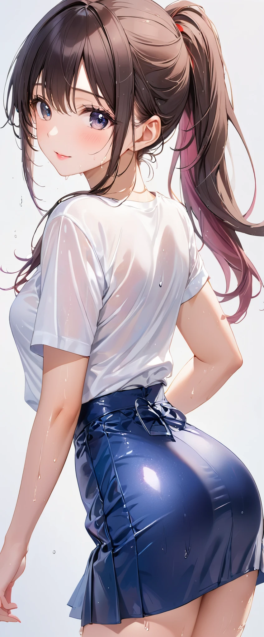(masterpiece,highest quality,超A high resolution),japanese woman, (((Very beautiful 25 year old girl))), pretty girl、look at the photographer、 ((beautiful low ponytail)), super cute face, glossy lips, double eyelids in both eyes,natural smile、 natural makeup, long eyelashes, Shiny and smooth hair、center image, perfect limbs, perfect anatomy,(((Tight Skirt)))、(((turn around and look back)),wet with sweat,