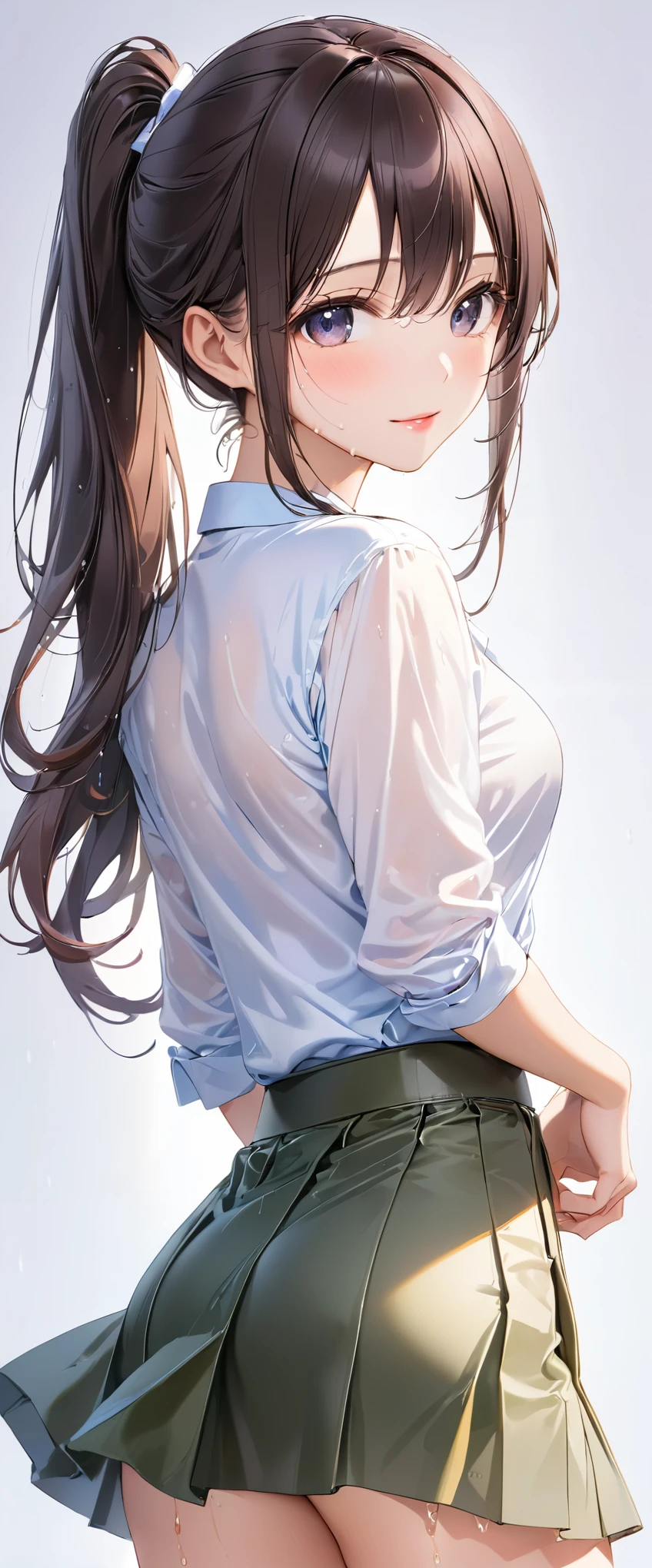 (masterpiece,highest quality,超A high resolution),japanese woman, (((Very beautiful 25 year old girl))), pretty girl、look at the photographer、 ((beautiful low ponytail)), super cute face, glossy lips, double eyelids in both eyes,natural smile、 natural makeup, long eyelashes, Shiny and smooth hair、center image, perfect limbs, perfect anatomy,(((Tight Skirt)))、(((turn around and look back)),wet with sweat,