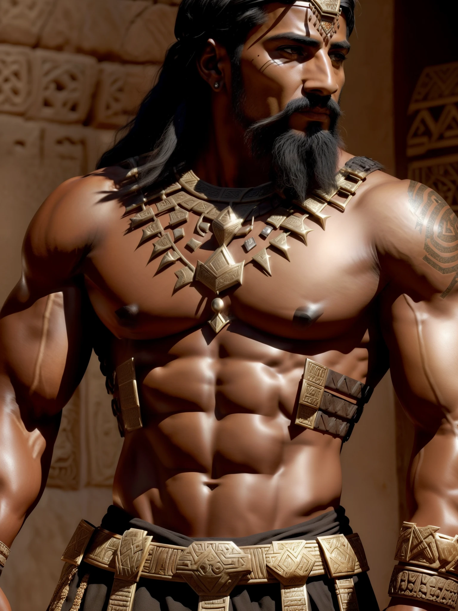 Ancient Mesopotamia aesthetic, middle-aged Sumerian man with black skin, muscular build, short black hair, medium bread, serious expression,edgMeso, wearing edgMeso clothing, Photorealism, Scars all over body, warrior, natural sunlight, Upperbody shot, Detailed face,