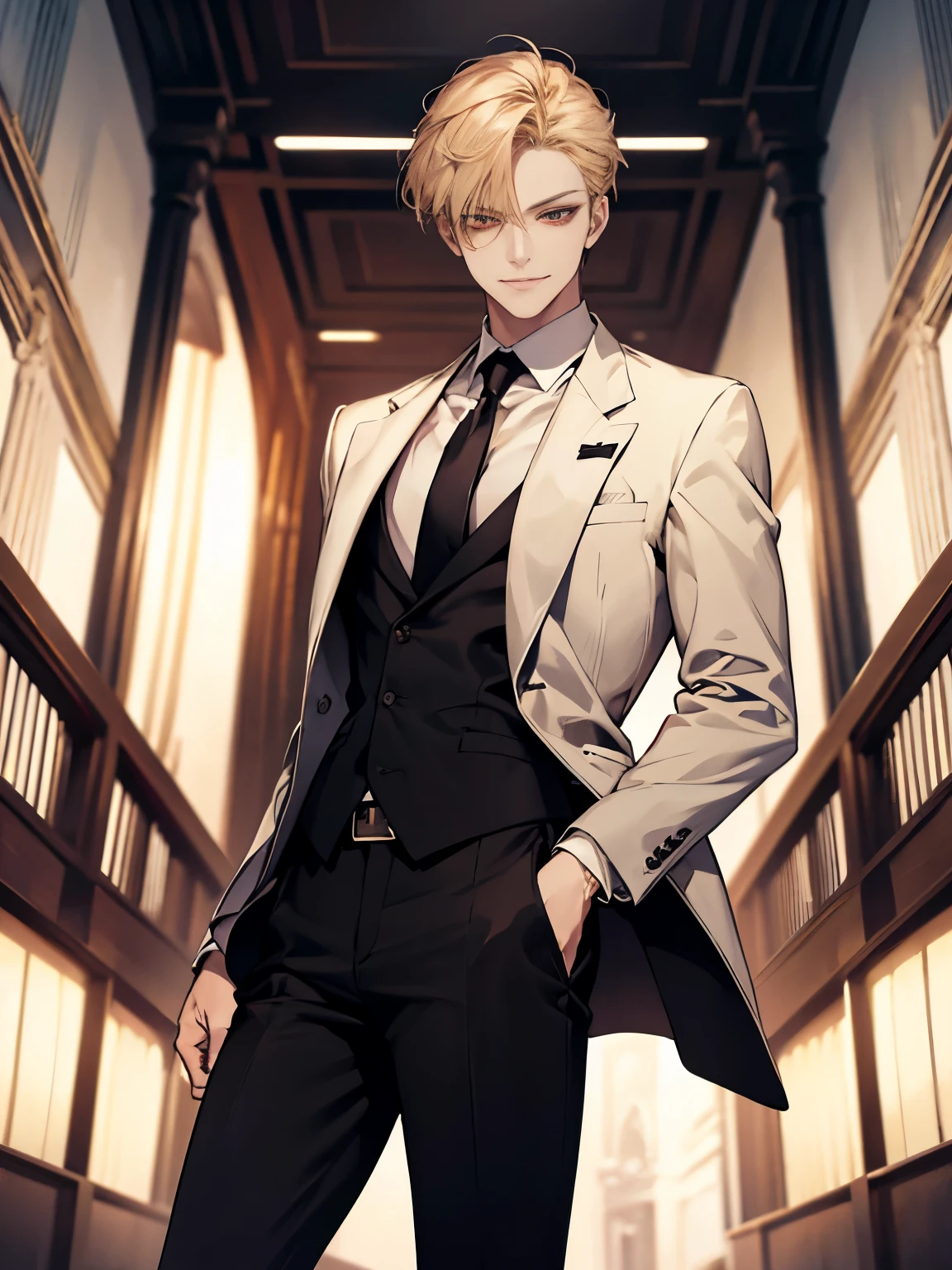 Masterpiece, best quality, finely details, red eyes, short blonde hair, smirk facial expression, white shirt, elegant, black suit, black pants.