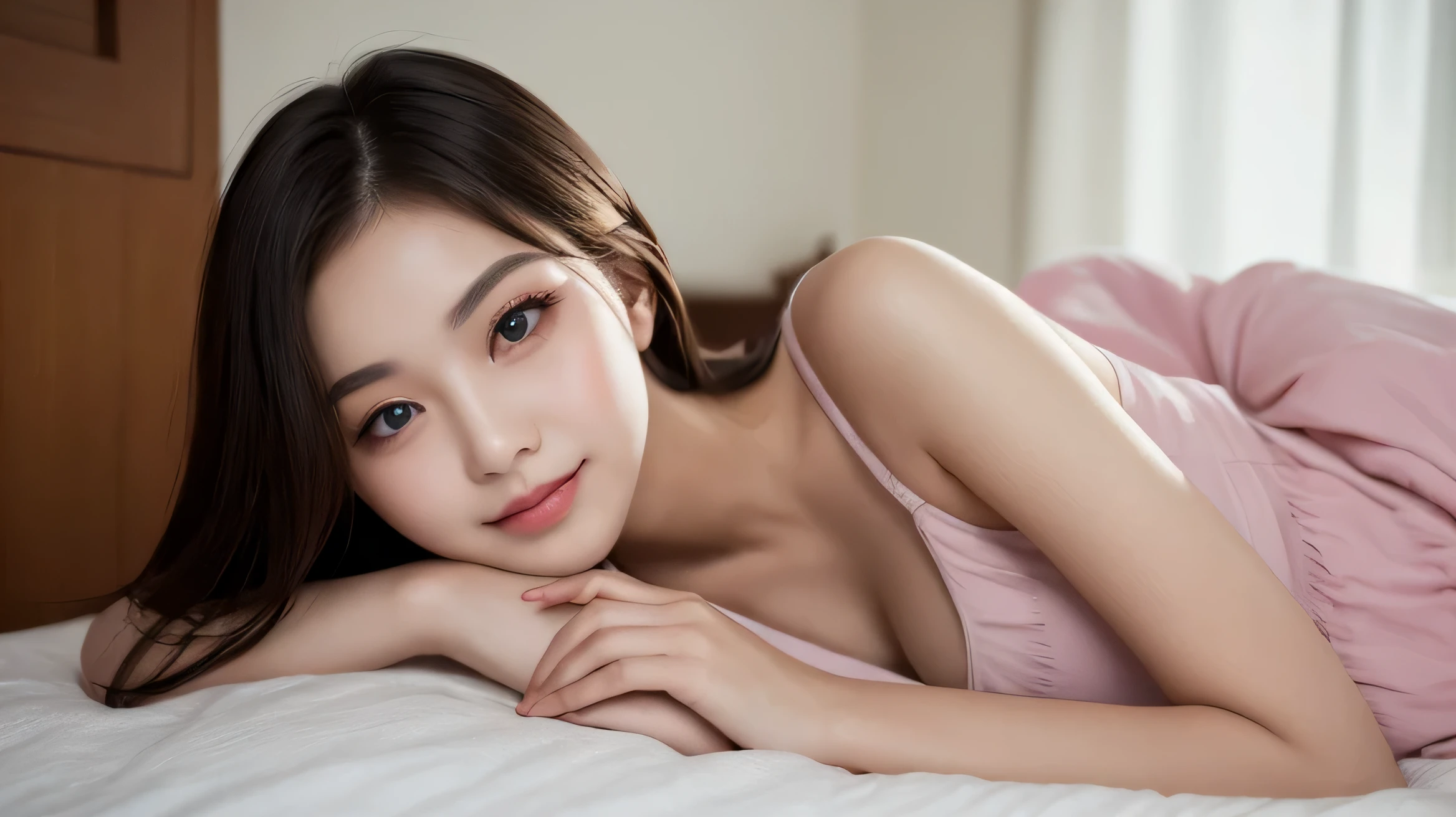 table top, highest quality, shape, Super detailed, finely, High resolution, 8k wallpaper, 完璧なダイナミックな構shape, on the bed,one girl, beautiful and detailed eyes, pajamas, ランダムなcute髪,natural color lip, lie in bed, sleep together,bold sexy pose,smile、20 year old girl、cute、sexy shot looking at camera,Always blur the background,perfect and beautiful face,beautiful and detailed face、slim face and style,perfect hands, Big eyes、do gal makeup