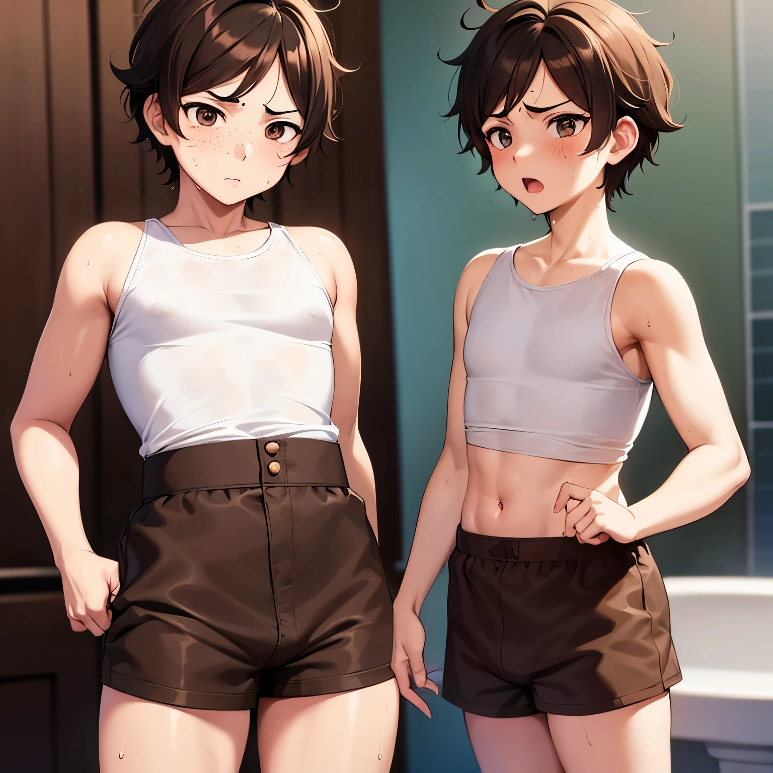 Anime style drawing, a boy in briefs, pooping or peeing, a candid and brief moment, absurderes, perfect anatomy, hilarious scene, brown shorts, focused expression, sweat drops beading on forehead, messy diaper situation, short hair, freckles, red cheeks, cartoonish effect, cute and quirky.