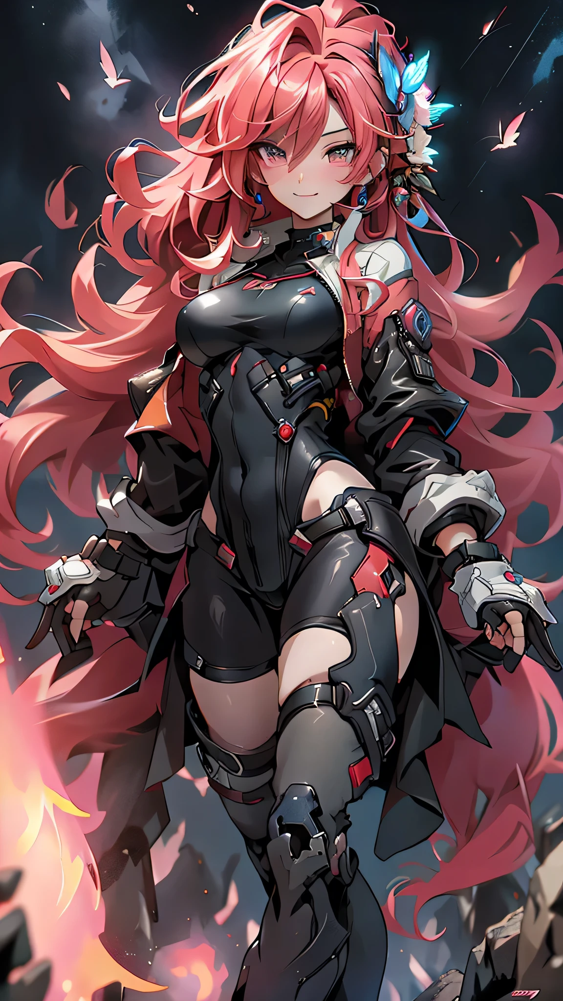 最high quality、best image quality、masterpiece、girl((20-year-old、 By becoming、vest bust、medium bust,wide open breast tea、shining eyes, neon hair、long hair、thin,highest valley、Black Hero Suit、Red Hero Mask、blue cloak、smile、full body tattoo,diamond earrings、Wristband、necklace,)),high quality、beautiful art、background((night、red thunder、storm、gust of wind、tornado))、Flight、debris flies、Depth of written boundary、movie、visual art、perfect art、8k,genuine、