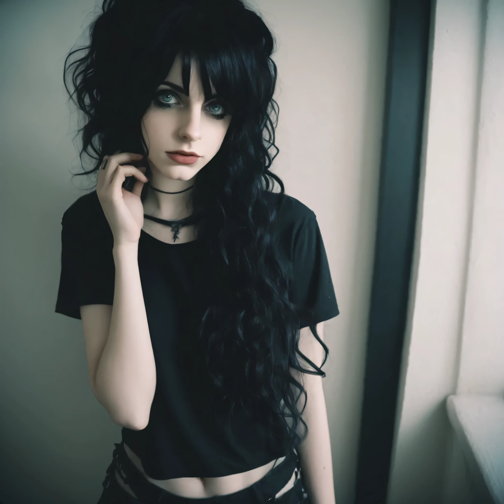 18 emo goth, perfect body, black wavy hair, 
,Film Grain, FilmGrainAF,