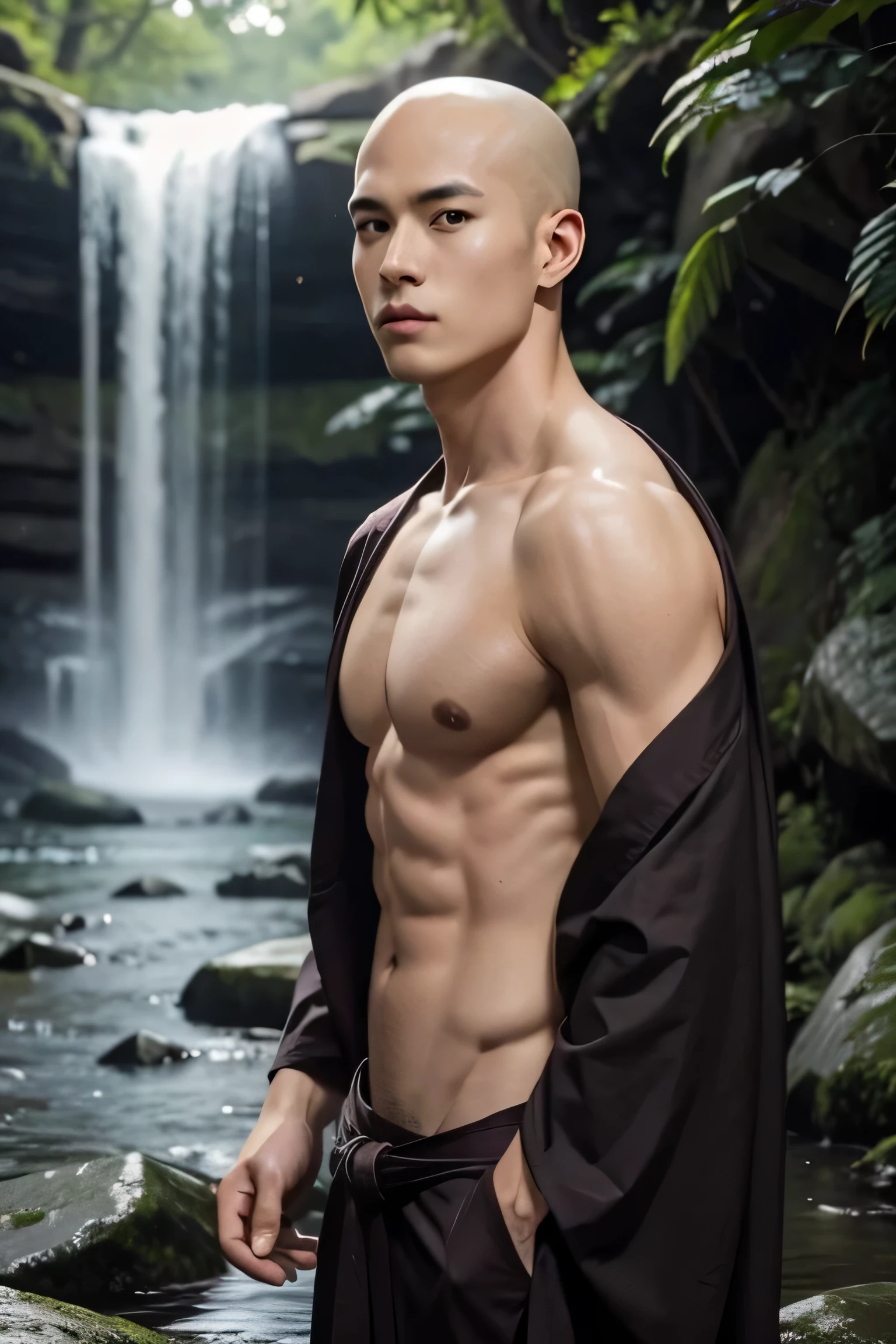 youthful Koreal cute, hansome, muscular monk, Meditating , detailed bald head, tow-headed, shirtless :: without robe, Buddhism, serene, a detailed Dark Brown robe, Full Body Shoot, : manly, look at camera,
next to a waterfall in the middle of the forest