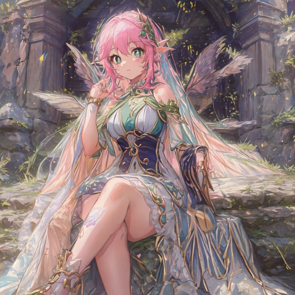16k ultra-fine CG wallpaper, masterpiece, excellent picture quality, super delicate), (excellent light and shadow, delicate and beautiful), real smooth skin, bright face, cute, girl with colourful jewel-like eyes.Masterpiece, Accurate Anatomy, Cute, the anime, Images of a Salmon Pink-haired woman in a dress, sitting on a stone bench, Ruins, , Elf Girl, Charming elven princess, pixie, cute anime waifu in a nice dress, huge breasts, 8k Graphics High-quality detailed graphic masterpiece)), cowboy shot, close up, Accurate Shading, Vivid Color, Top Quality, accuracy, ((((super details))))Black Purplish European Dragon with huge wings and four legs and two eyes in background