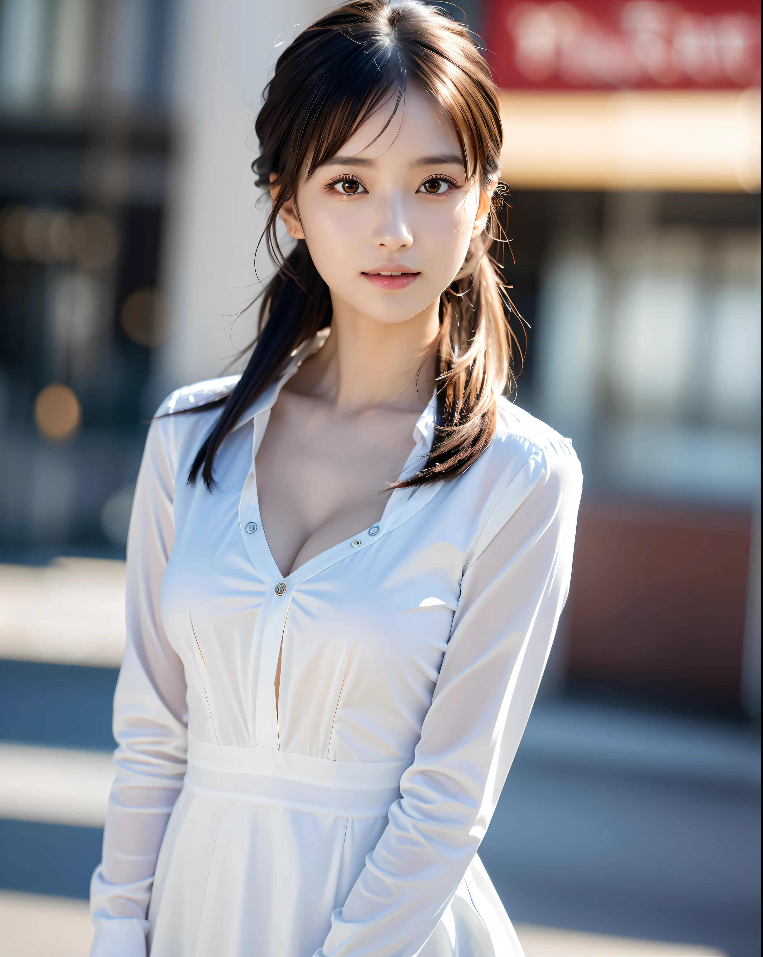 (on the table:1.3), (8k, lifelike, original photo, best quality: 1.4), Japanese, (1 girl in), pretty face, (lifelike的脸), (black hair), beautiful hairstyle, lifelike的眼睛, Beautiful and delicate eyes, (lifelike的皮肤), Beautiful skin, attractive, 超high resolution, surreal, Very detailed, golden ratio、 Shown from hips to shoulders, Beautiful and delicate skin, (Lovely:1.2), (black hair), ((japanese pop idol)), (upper thigh:0.6), (depth of field),soft light, lens glow, looking at the audience, (droopy eyes:1.2), straight teeth,Smile, Floating hair, (a blonde:1.2), brown eyes, movie scene, cinematic, Full Color, 4k, 8k, 16k, original photo, on the table, Professional color grading, Professional photography, split,high school girls, hair standing on end, think,(Sweat,sigh)1.2,(blush,open mouth)1.3,soft clean focus, Realistic lighting and shadows, (Extremely exquisite and beautiful art)1.3, elegant,activity angle,active poses, lifelike, (a beautiful girl:1.1), high resolution, Ultra-clear, sharp focus, ,role play, Slim, pure white cloth,white hair, high ponytail, (Off-White Brocade Long-Sleeve Shirt Dress:1.3), (Thom Brown design dress:1.4), (Super detailed background, Detail background: 1.3), Bokeh, depth of field, china city street, No one in the background,