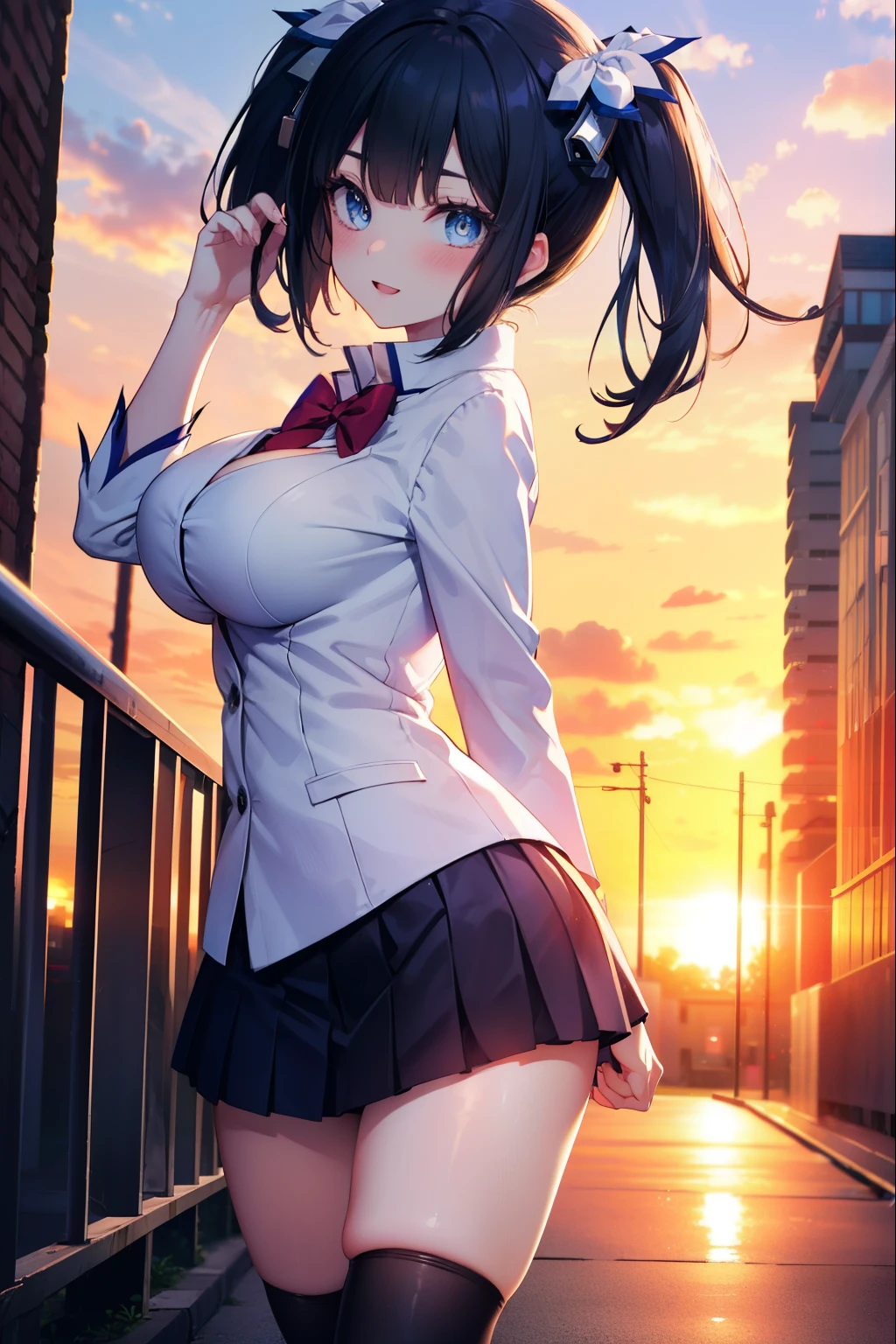 danmachihestia, hestia, blue eyes, black hair, twin tails, open your mouth, smile,blush,happy atmosphere,big breasts, y shirt,Blue Blazer,blue pleated skirt,white knee socks,brown loafers,evening,sunset,sunset,The sun is setting through the gap between the buildings,On the way home from school,walking,
break outdoors, city,In town,building street,
break looking at viewer,
break (masterpiece:1.2), highest quality, High resolution, unity 8k wallpaper, (figure:0.8), (detailed and beautiful eyes:1.6), highly detailed face, perfect lighting, Very detailed CG, (perfect hands, perfect anatomy),