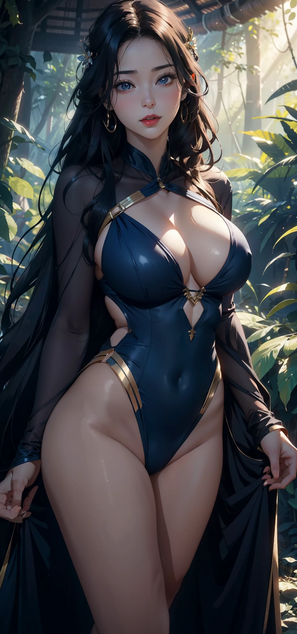 1 female，45 years old，married woman，milf，big breasts，long leges，Big breasts and thin waist， 照片曝Light， alone，（background with：in the woods，rainforest，In the summer） 她有长long黑发，red lips，Stand deep in the woods，View from the front， straight hair，long, flowing hair， The sky is mostly cloudy，（（（masterpiece），（Very detailed CG unified 8k wallpaper），best quality，Light，Detailed background，beautiful eyes，bright pupils，（Very delicate and beautiful），（Beautiful and detailed eye descriptions），super detailed，masterpiece，）），face camera，high resolution，super detailed），nude，The bare breasts are a bit fat， camel toe，（wear：Dark blue one-piece swimsuit，gold silk embroidery，sexy shorts，transparent，nude，captain america）