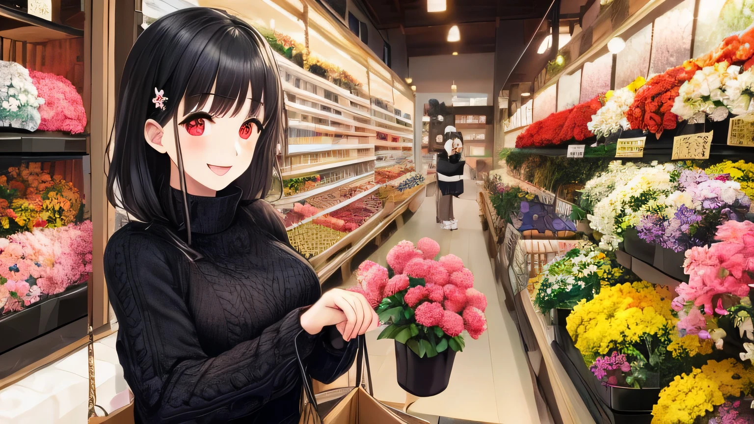 adult woman、red eyes、Big eyes、big smile、black wolf cut、white knit sweater、Shopping at a flower shop