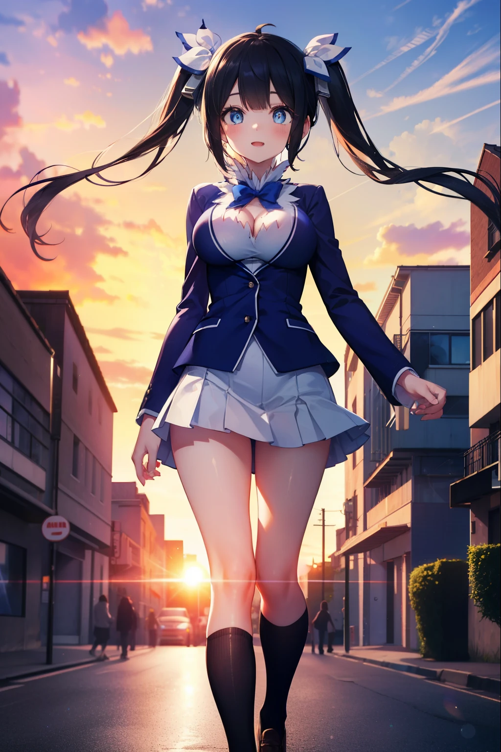 danmachihestia, hestia, blue eyes, black hair, long hair,twin tails, open your mouth, smile,blush,happy atmosphere,big breasts, y shirt,Blue Blazer,blue pleated skirt,white knee socks,brown loafers,evening,sunset,sunset,The sun is setting through the gap between the buildings,On the way home from school,walking,
break outdoors, city,In town,building street,
break looking at viewer,
break (masterpiece:1.2), highest quality, High resolution, unity 8k wallpaper, (figure:0.8), (detailed and beautiful eyes:1.6), highly detailed face, perfect lighting, Very detailed CG, (perfect hands, perfect anatomy),