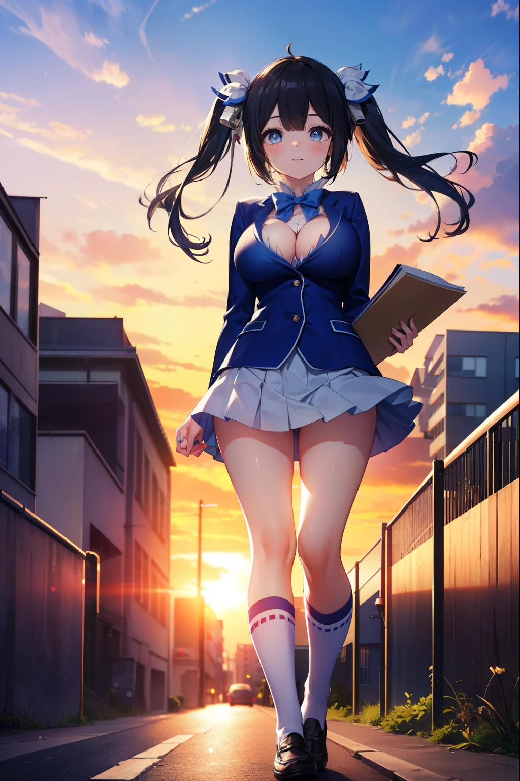 danmachihestia, hestia, blue eyes, black hair, long hair,twin tails, open your mouth, smile,blush,happy atmosphere,big breasts, y shirt,Blue Blazer,blue pleated skirt,white knee socks,brown loafers,evening,sunset,sunset,The sun is setting through the gap between the buildings,On the way home from school,walking,
break outdoors, city,In town,building street,
break looking at viewer,
break (masterpiece:1.2), highest quality, High resolution, unity 8k wallpaper, (figure:0.8), (detailed and beautiful eyes:1.6), highly detailed face, perfect lighting, Very detailed CG, (perfect hands, perfect anatomy),