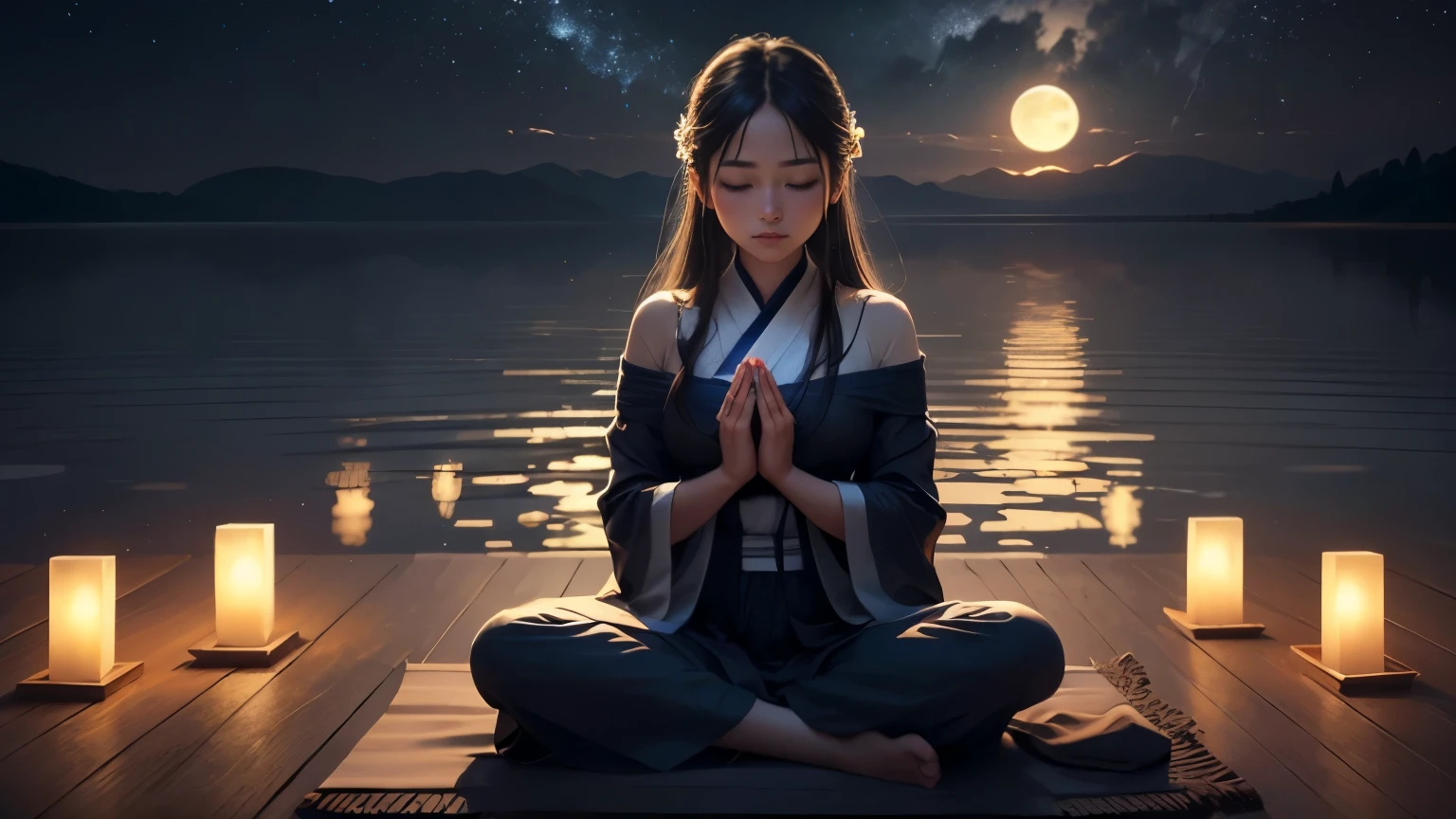 Digitally drawn portrait of a person with closed eyes, Tilt your head toward the bright full moon. The moonlight dyes the person's calm face a calm blue.。., Emphasis on inner stillness and Zen expression. Stars shine gently against the night sky. The surrounding scenery is calm, There is a lake reflecting moonlight near a person who is sitting quietly in lotus pose. his hands are on his knees, A face that represents deep meditation and serenity. The overall atmosphere of the painting is relaxing., bright and focused, Exactly、The inner peace that the subject feels within、It's like radiating outward under the meditative moonlight。.. It has an atmospheric style, elegant and relaxing.