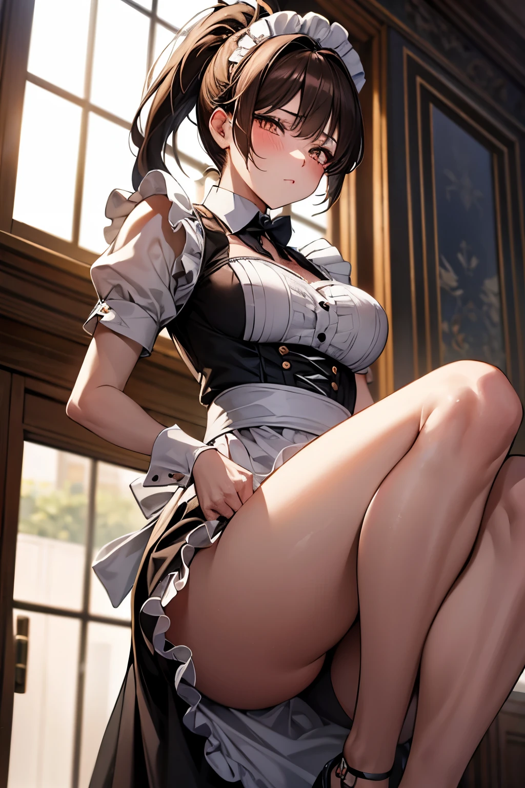 from below, best quality, 32k, RAW photo, incredibly absurdres, extremely detailed, cool beauty, wearing maid cafe costume, sharp eyes, slit eyes, beautiful brown shining ponytail, amorous and lewd expression, shy, superlative body proportion