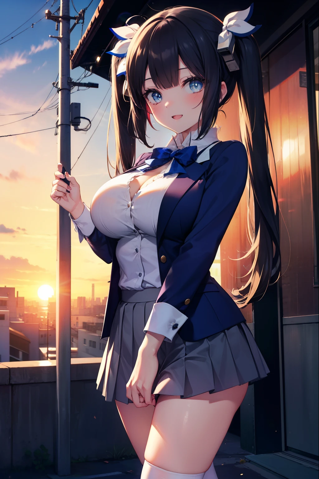 danmachihestia, hestia, blue eyes, black hair, long hair,twin tails, open your mouth, smile,blush,happy atmosphere,big breasts, y shirt,Blue Blazer,blue pleated skirt,white knee socks,brown loafers,evening,sunset,sunset,The sun is setting through the gap between the buildings,On the way home from school,walking,
break outdoors, city,In town,building street,
break looking at viewer,
break (masterpiece:1.2), highest quality, High resolution, unity 8k wallpaper, (figure:0.8), (detailed and beautiful eyes:1.6), highly detailed face, perfect lighting, Very detailed CG, (perfect hands, perfect anatomy),