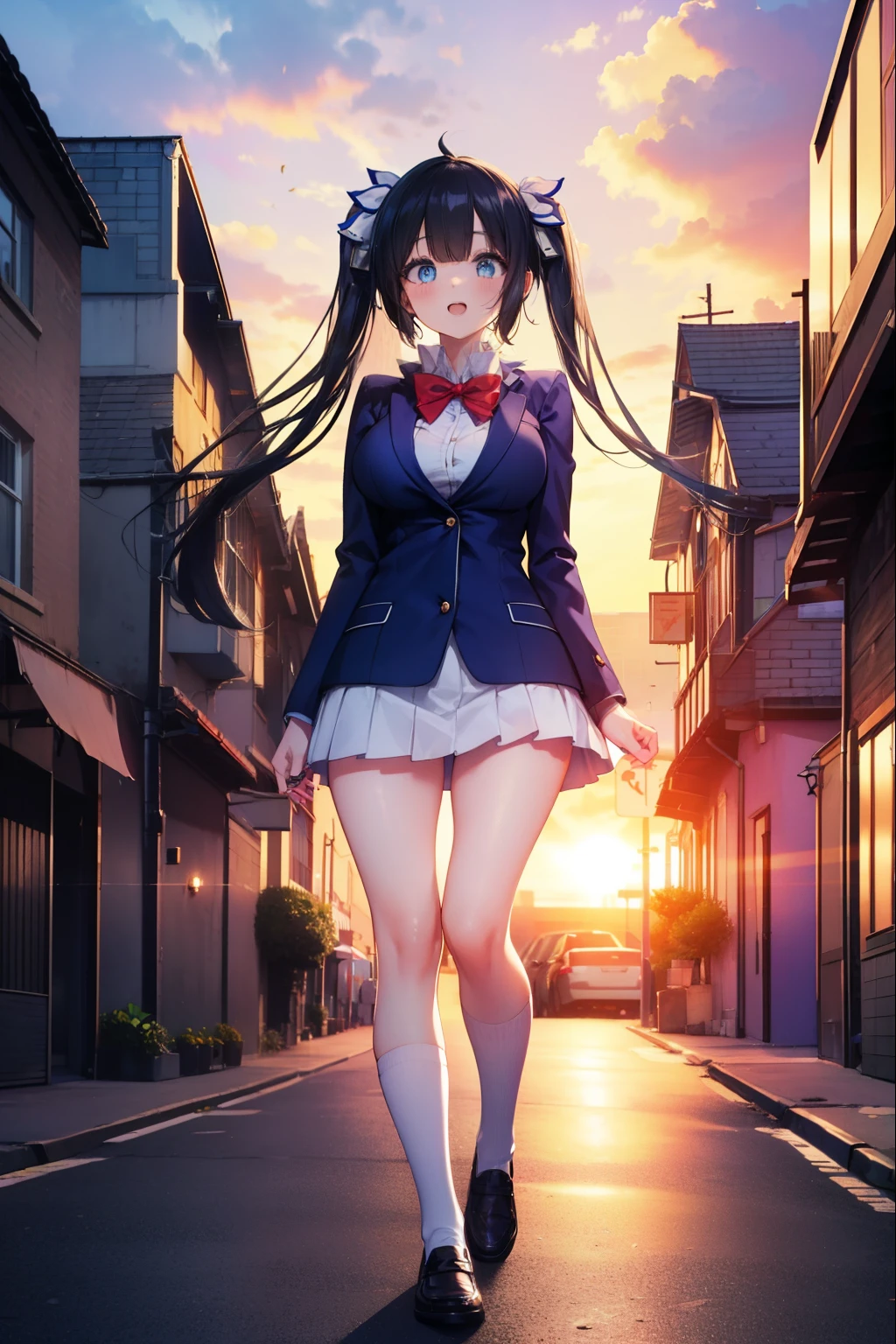 danmachihestia, hestia, blue eyes, black hair, long hair,twin tails, open your mouth, smile,blush,happy atmosphere,big breasts, y shirt,Blue Blazer,blue pleated skirt,white knee socks,brown loafers,evening,sunset,sunset,The sun is setting through the gap between the buildings,On the way home from school,walking,
break outdoors, city,In town,building street,
break looking at viewer,
break (masterpiece:1.2), highest quality, High resolution, unity 8k wallpaper, (figure:0.8), (detailed and beautiful eyes:1.6), highly detailed face, perfect lighting, Very detailed CG, (perfect hands, perfect anatomy),